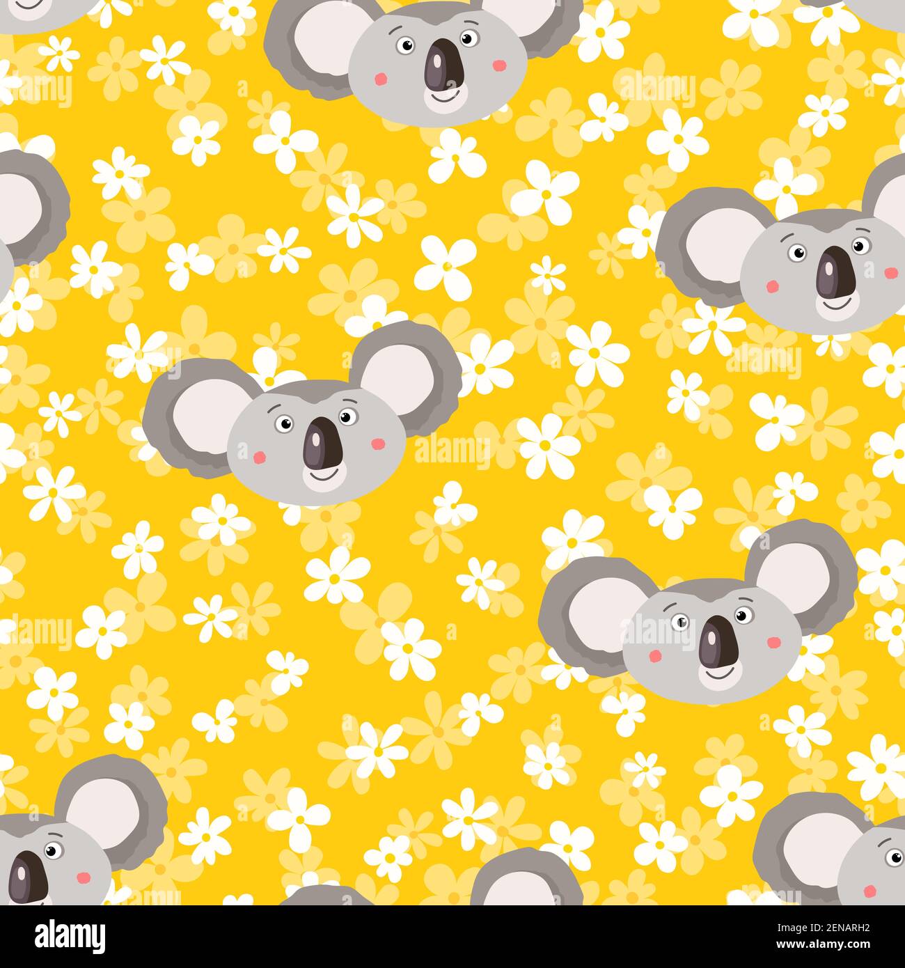 Seamless pattern with cute koala baby and flowers on white background ...