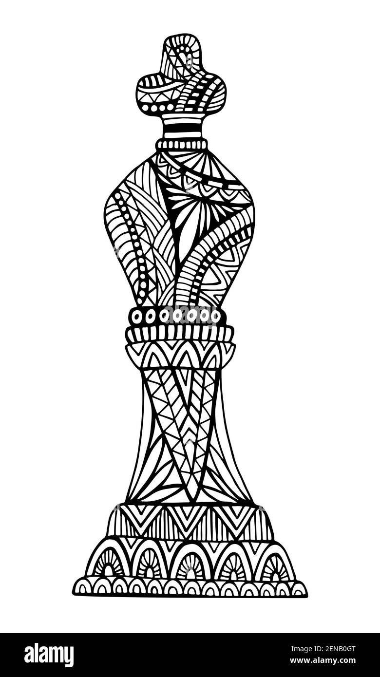 King chess piece with many decorative abstract patterns doodle style Coloring page for adults and kids, black ink outline, isolated on white. Vector h Stock Vector