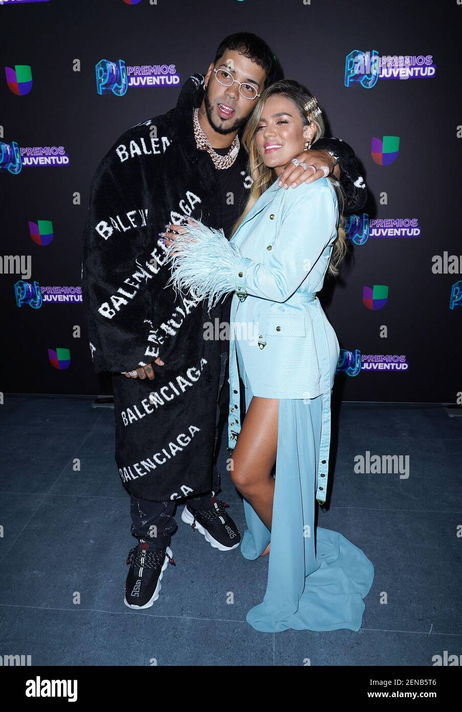 CORA GBLES, FL - JUL 18: Anuel AA and Karol G attend Premio Juventud 2019  at Watsco Center on July 18, 2019 in Coral Gables, Florida. (Photo by  Alberto E. Tamargo/Sipa USA Stock Photo - Alamy