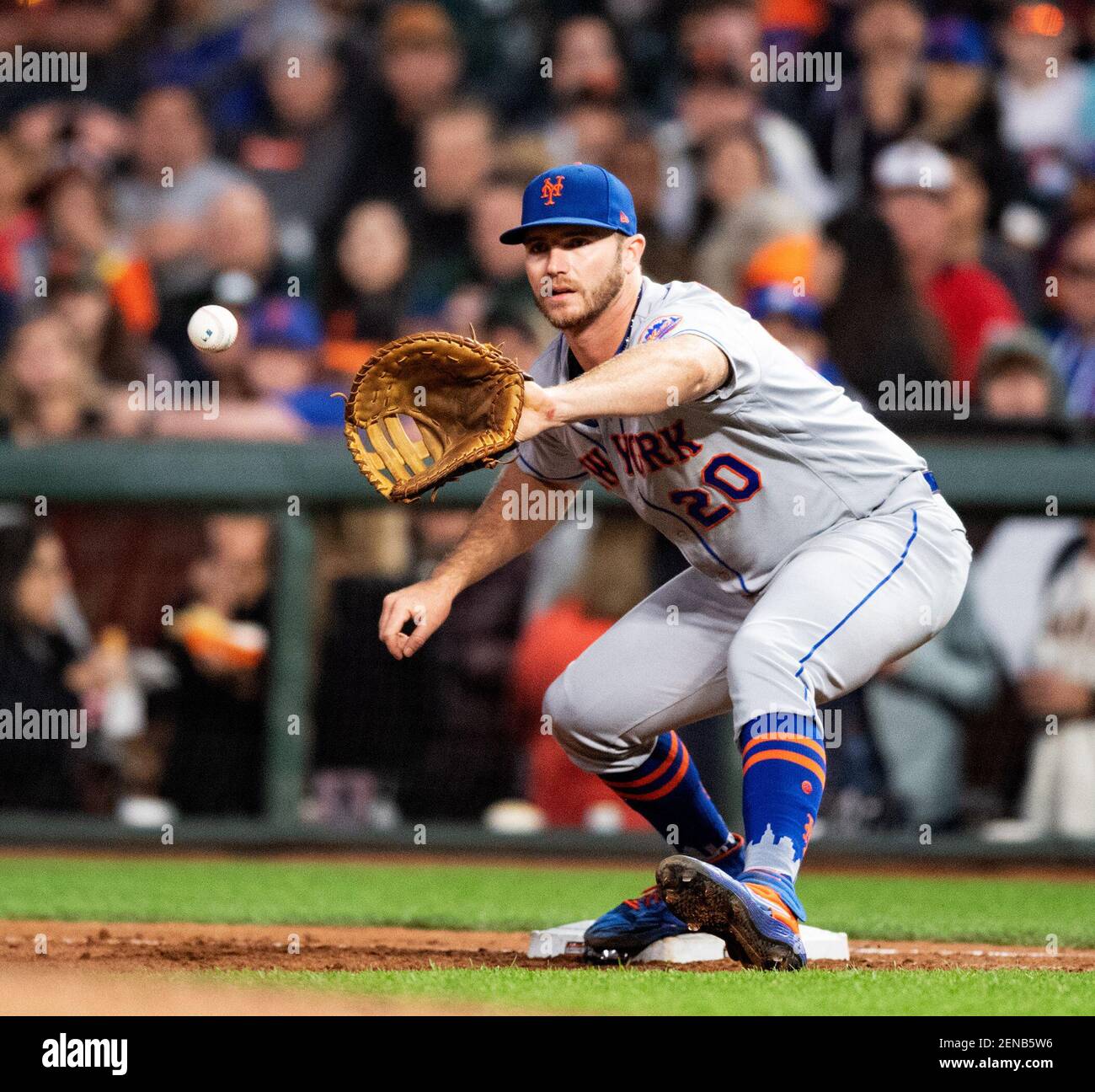 July 18, 2019: New York Mets first baseman Pete Alonso (20) makes a play at  first base, during a MLB baseball game between the New York Mets and the  San Francisco Giants