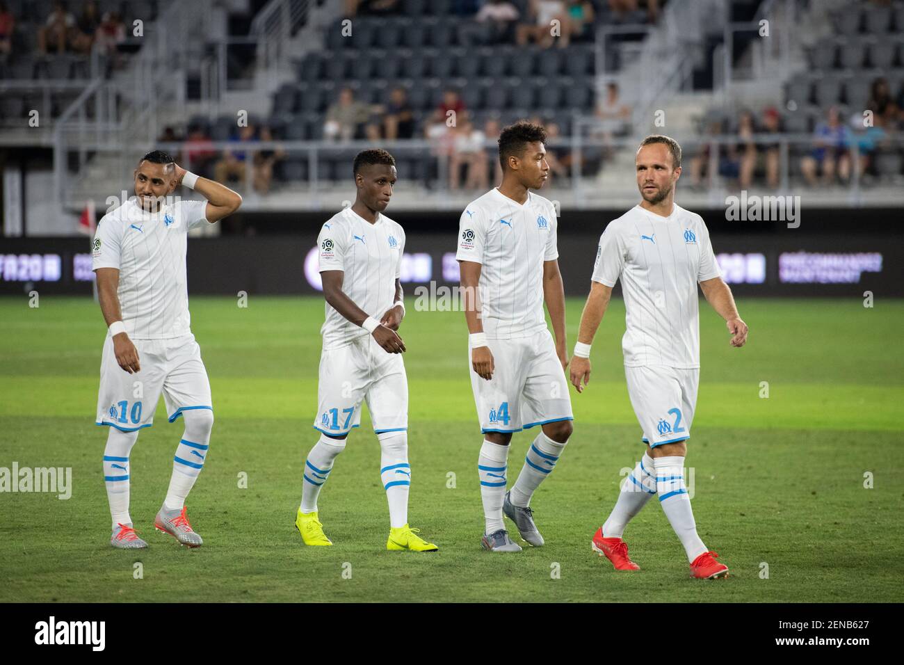 Olympique de Marseille players Dimitri Payet, Bouna Sarr, Boubacar Kamara  and Valère Germain (left to right) before their match against FC Girondins  de Bordeaux in the EA Ligue 1 Tournament on July