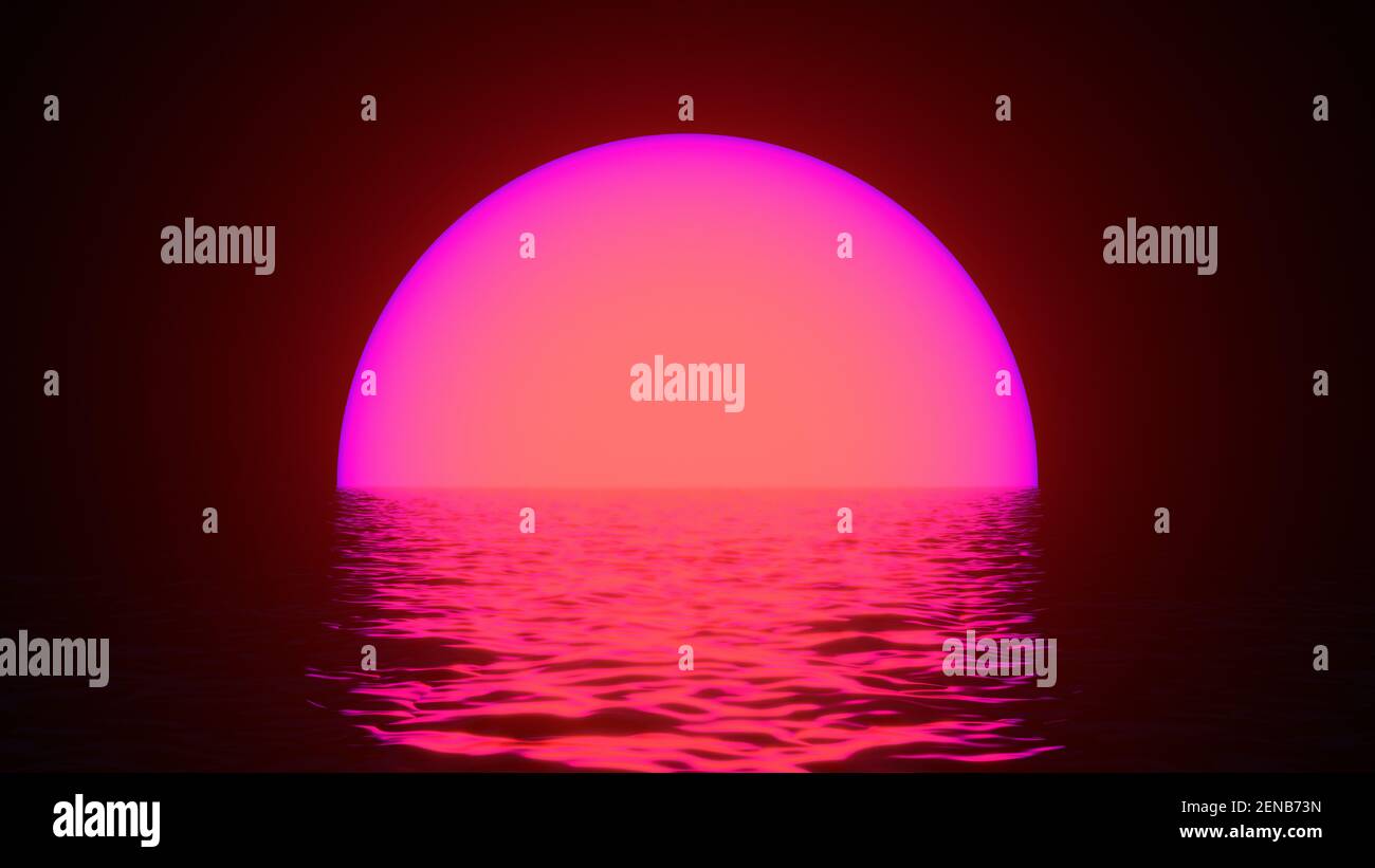 Glowing neon sun with reflections in water surface. Abstract background, waves, ultraviolet, spectrum vibrant colors, laser show. 3d render illustrati Stock Photo