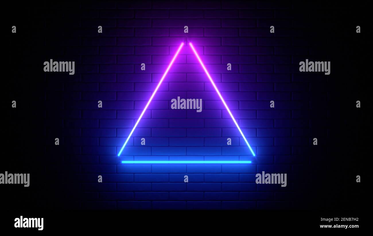 Neon sign on a brick wall. Glowing purple triangle. Abstract background ...