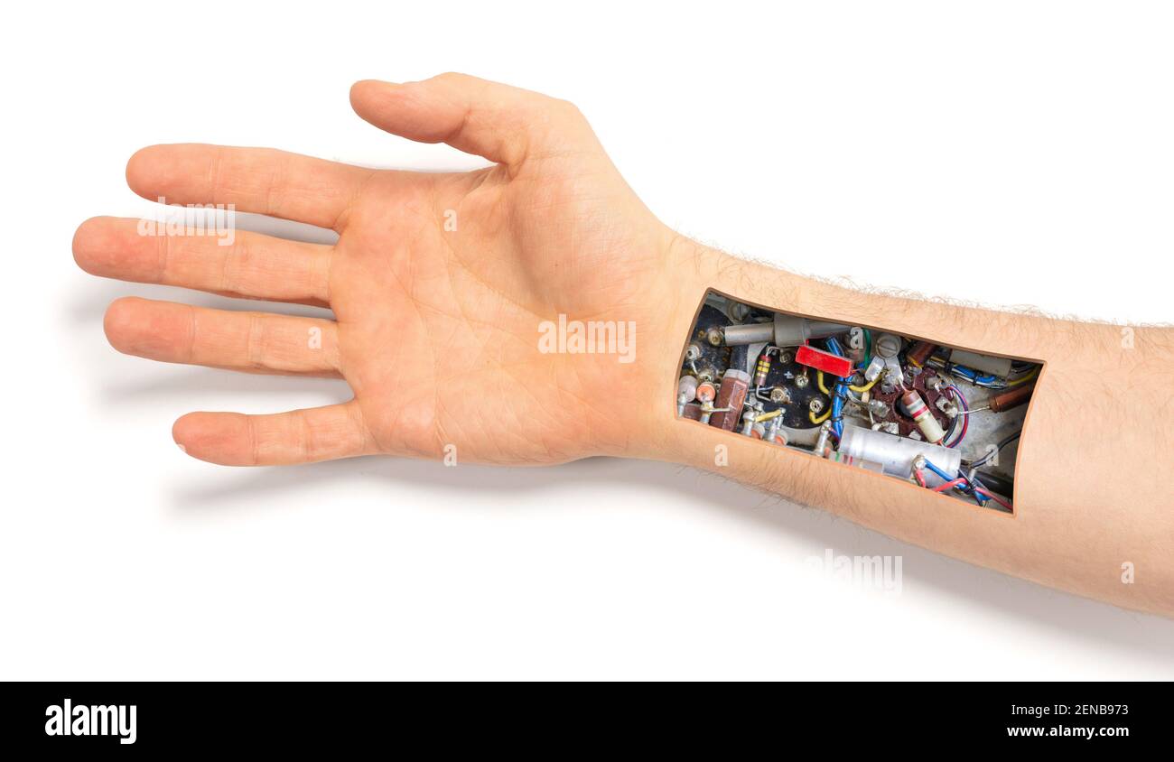 Robot hand inside human hand - Prosthesis concept, isolated on white Stock Photo