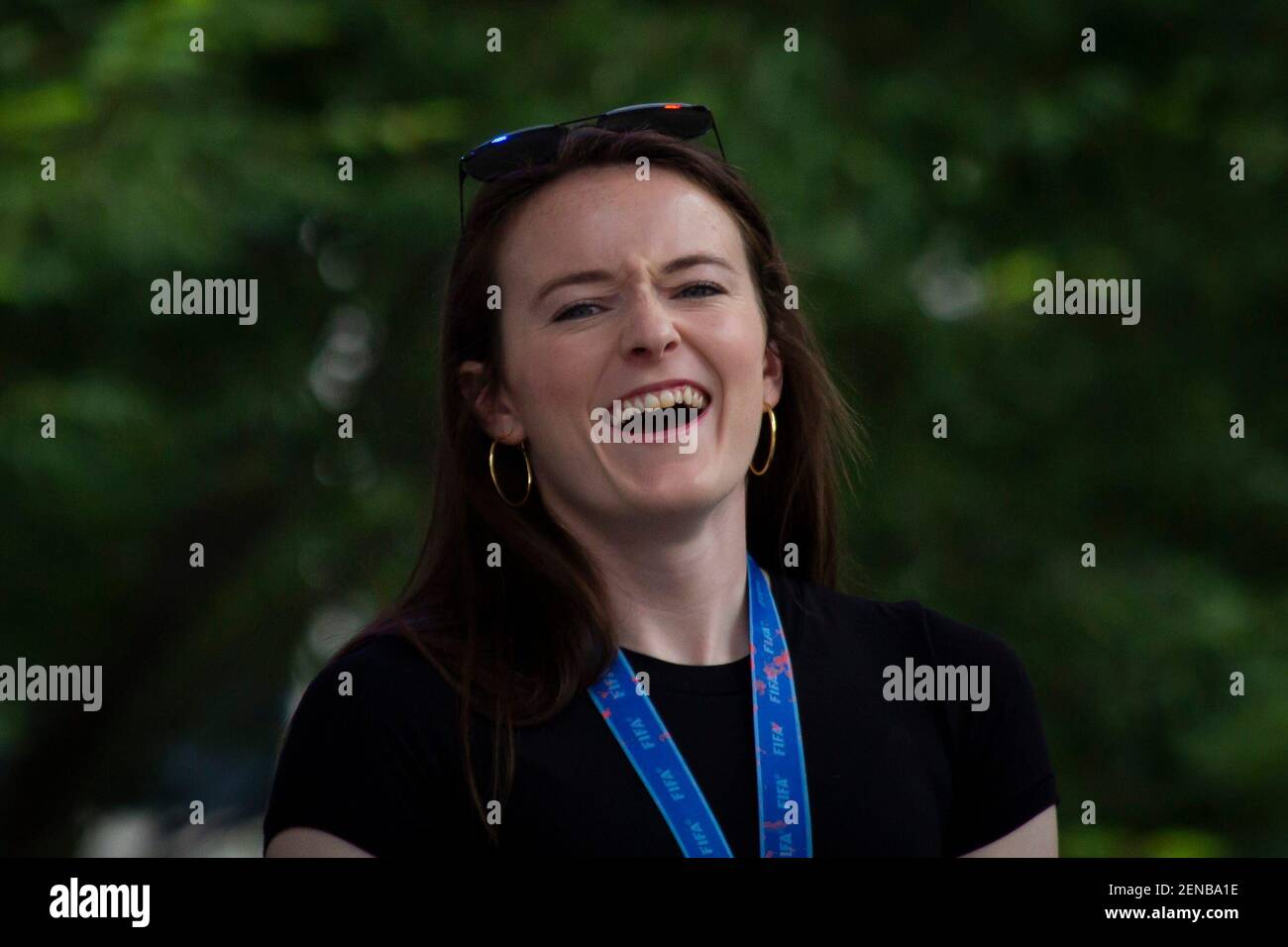 Rose Lavelle laughs on stage during her visit to Fountain Square in Cincinnati, Ohio on Friday, July 19, 2019. Roselavelle Fs 0002 (Photo by Madeleine Hordinski/The Enquirer via Imagn Content Services, LLC/USA Today Network/Sipa USA) Stock Photo