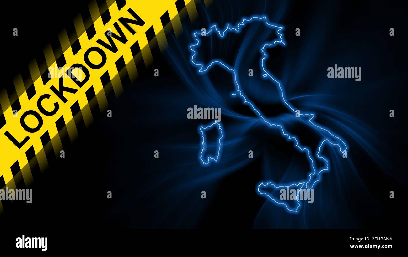 Lockdown Italy, outline map Coronavirus, Outbreak quarantine, on dark Background Stock Photo