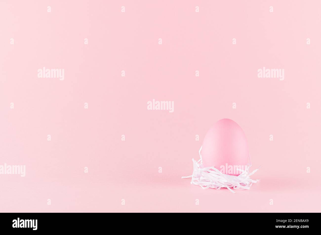 Cute easter egg standing in white nest on pastel pink background, copy ...
