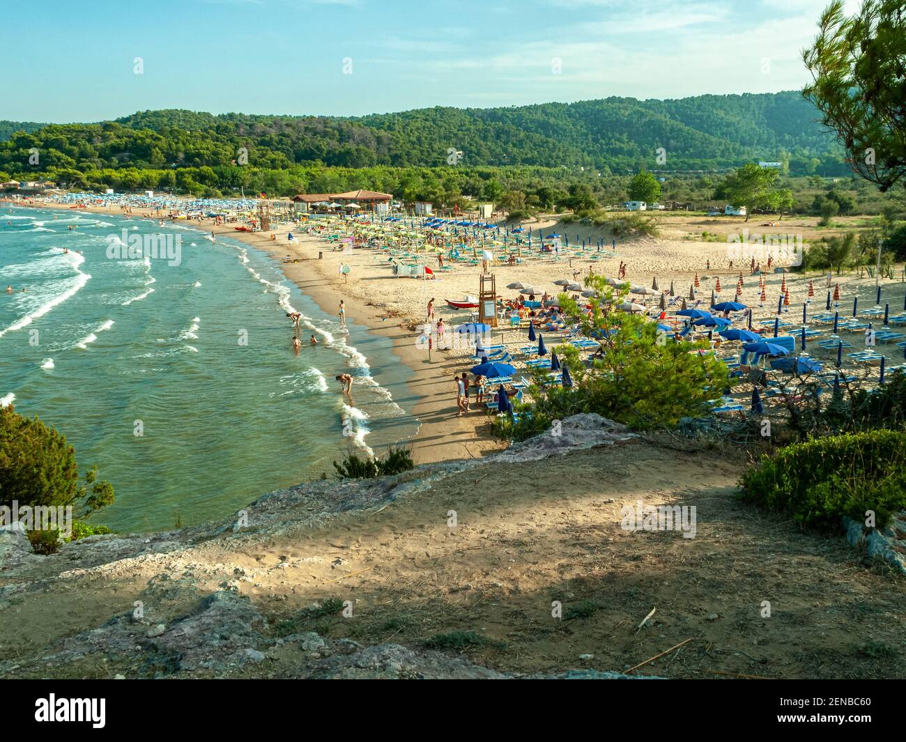 Tourist beach with umbrellas and deck chairs in the Gargano. Puglia, Italy, Europe Stock Photo