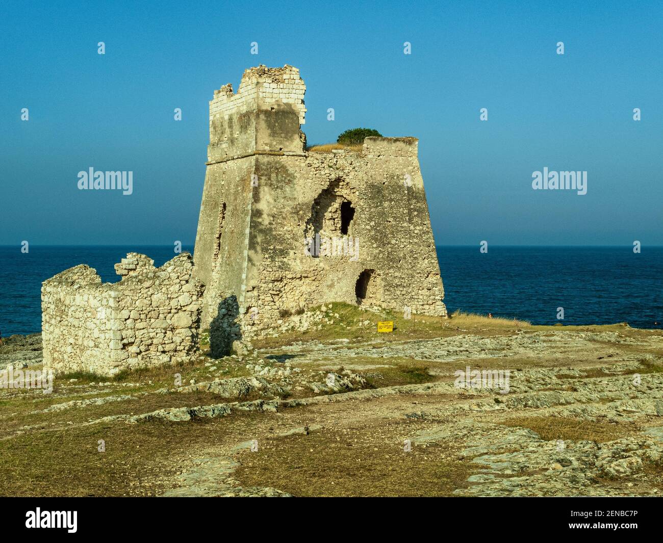 Ruins of one of the watchtowers on the sea in the Gargano. Peschici, Foggia province, Puglia, Italy, Europe Stock Photo