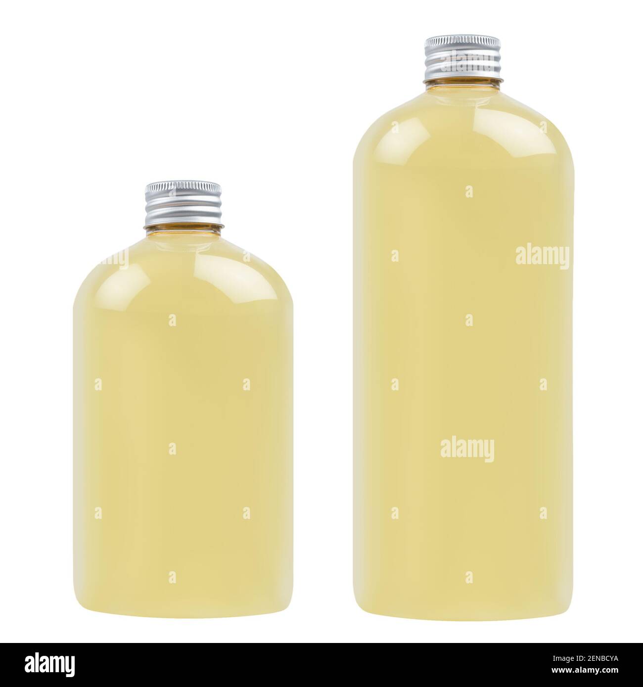 Set of two plastic tall and low bottles with orange drink, cooking oil or cosmetic produce, silver cap mockup, isolated, template. Stock Photo