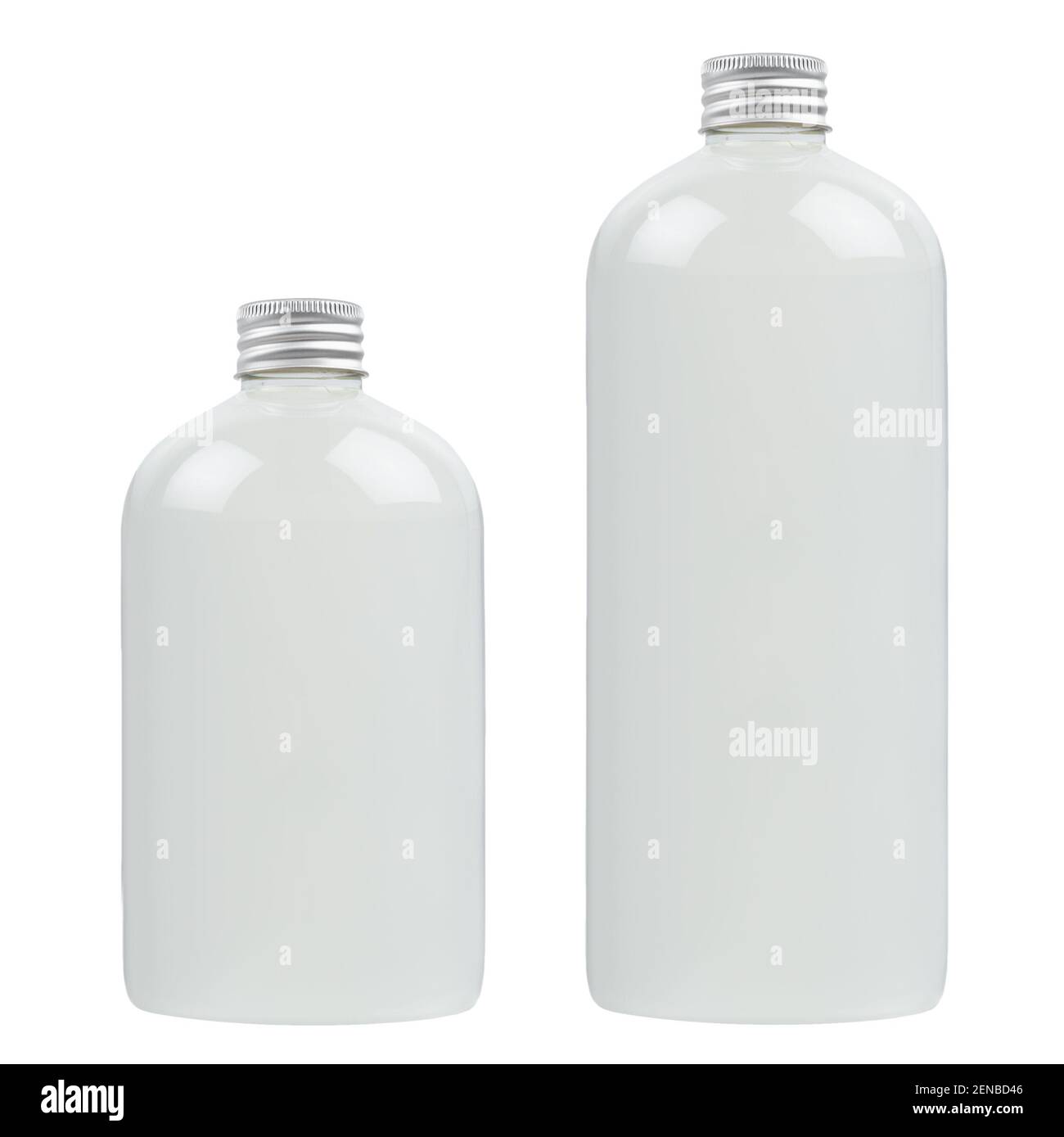 Set of two plastic tall and low bottles with water, silver cap mockup, isolated, template. Stock Photo