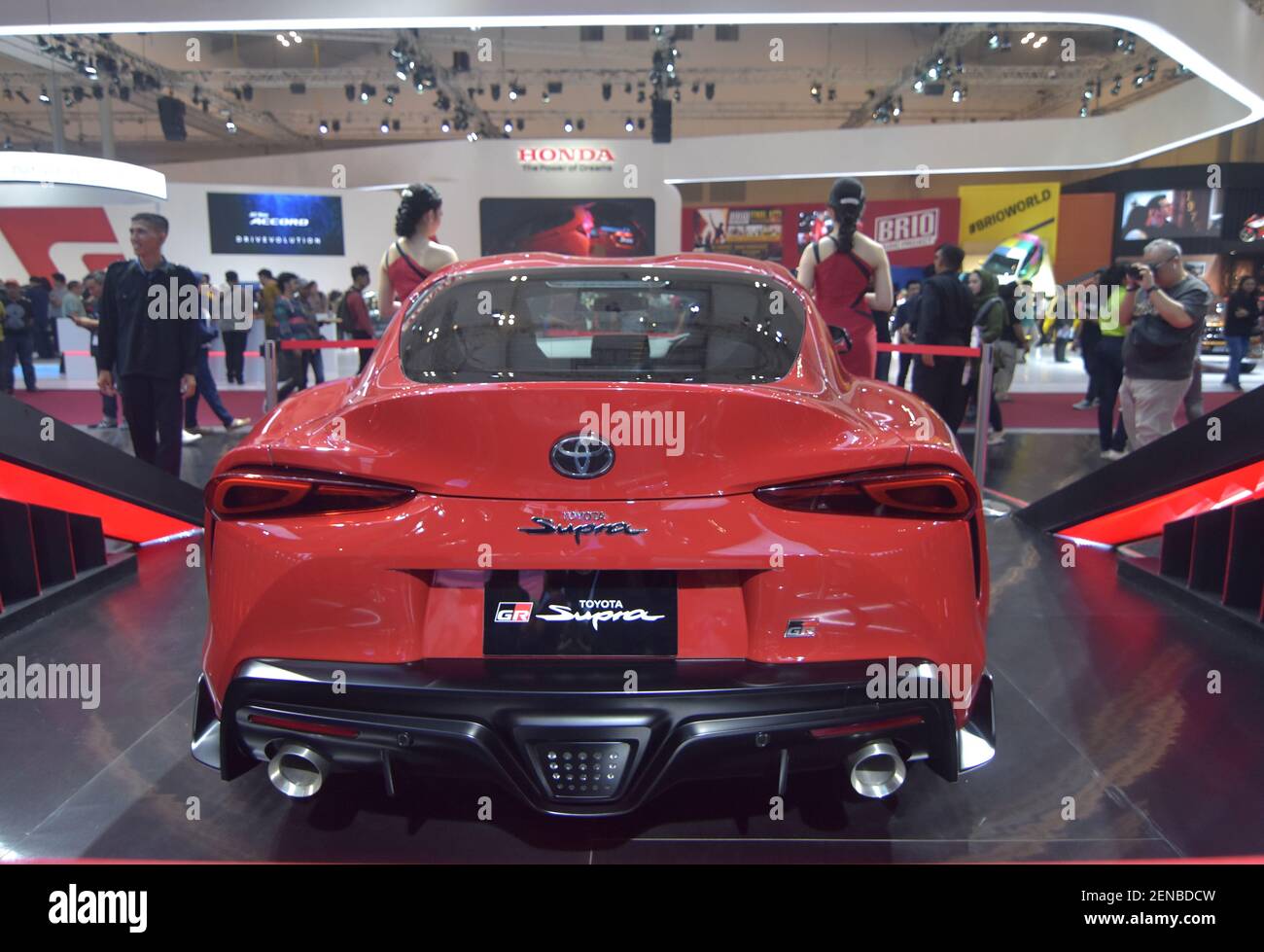 A Toyota Supra displayed at the Convention Exhibition during the Motor Show  in Tangerang. The Gaikindo Indonesia International Auto Show (GIIAS) is the  largest auto show in Indonesia. It was started in, image size:1300x979