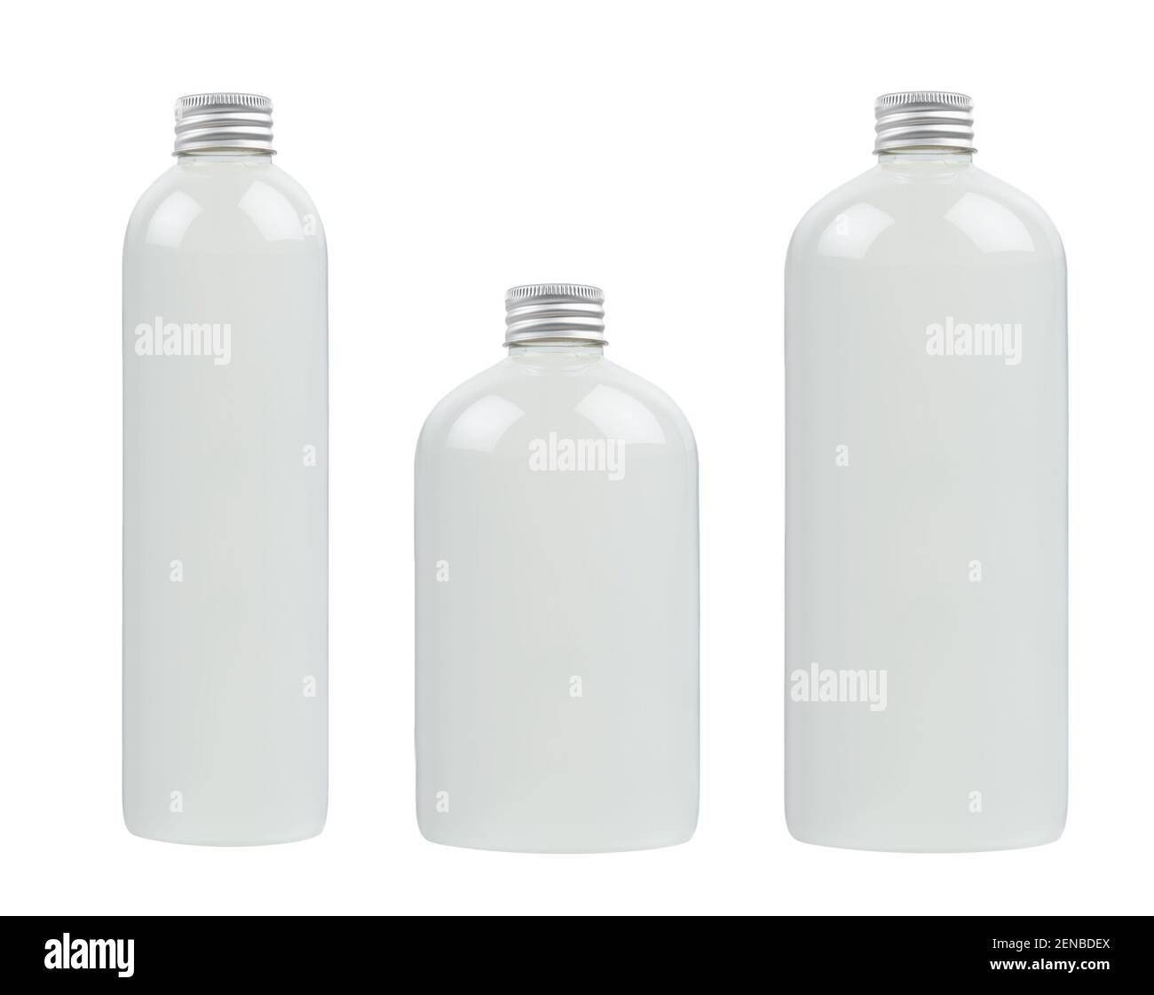 Set of different size plastic tall, low and thick bottles with water, silver cap mockup, isolated, template. Stock Photo