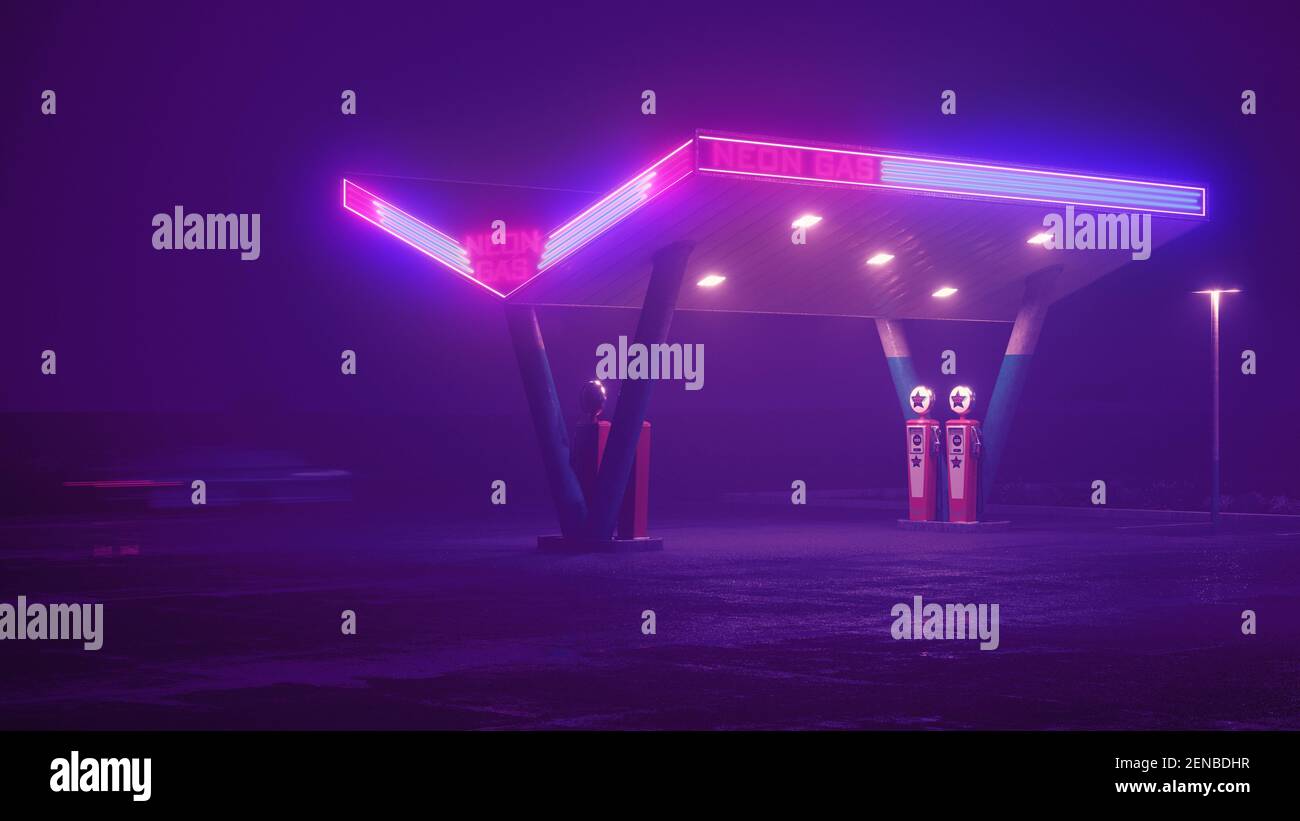Neon retro gas station at night. Fog, rain, reflections on asphalt. 3D illustration. Stock Photo