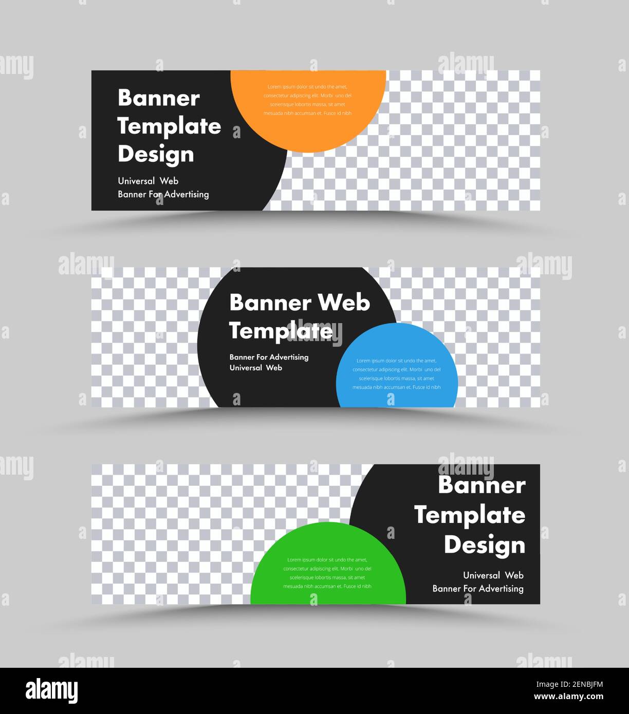 Vector horizontal web banner templates with place for photo and black circle for header, color for text. Universal design for advertising Stock Vector