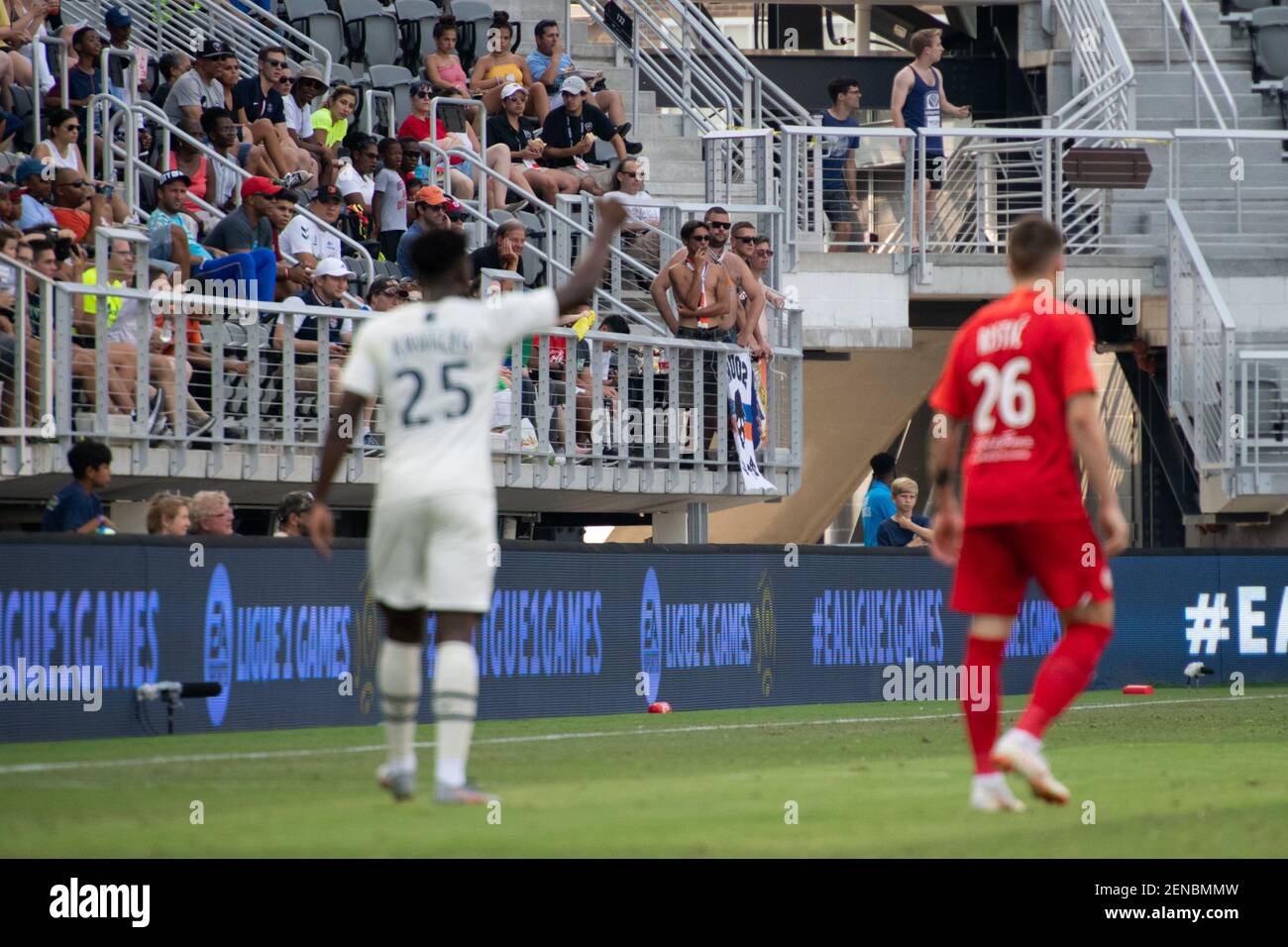 Spectators watch the 3rd place match between FC Girondins de Bordeaux and  Montpellier HSC in the EA Ligue 1 Tournament on July 21, 2019. The EA Ligue  1 Tournament is a four-team