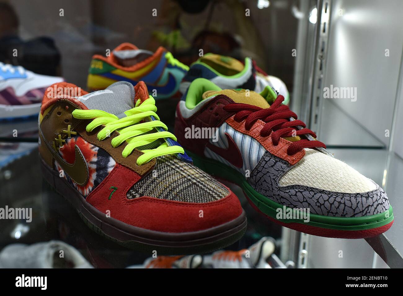 Rare Nike sneakers on display at Sotheby s Stadium Goods Ultimate Sneaker collection featuring 100 of the rarest sneakers produced New York NY July 22 2019. Canadian entrepreneur Miles Nadal is said