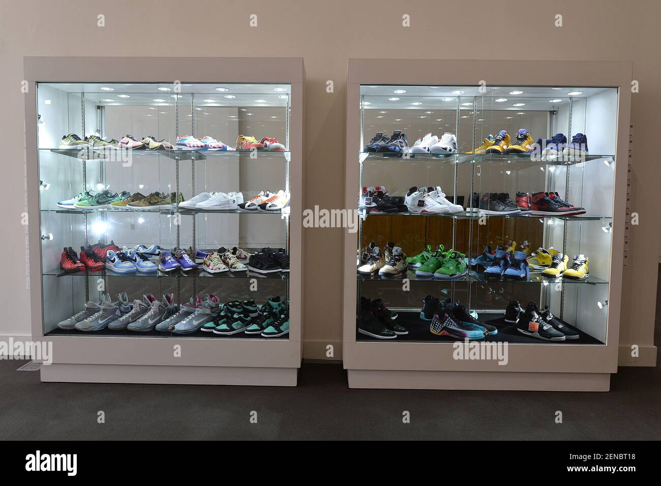 Rare Nike sneakers on display at Sotheby's & Stadium Goods Ultimate Sneaker  collection featuring 100 of the rarest sneakers produced, New York, NY,  July 22, 2019. Canadian entrepreneur Miles Nadal is said