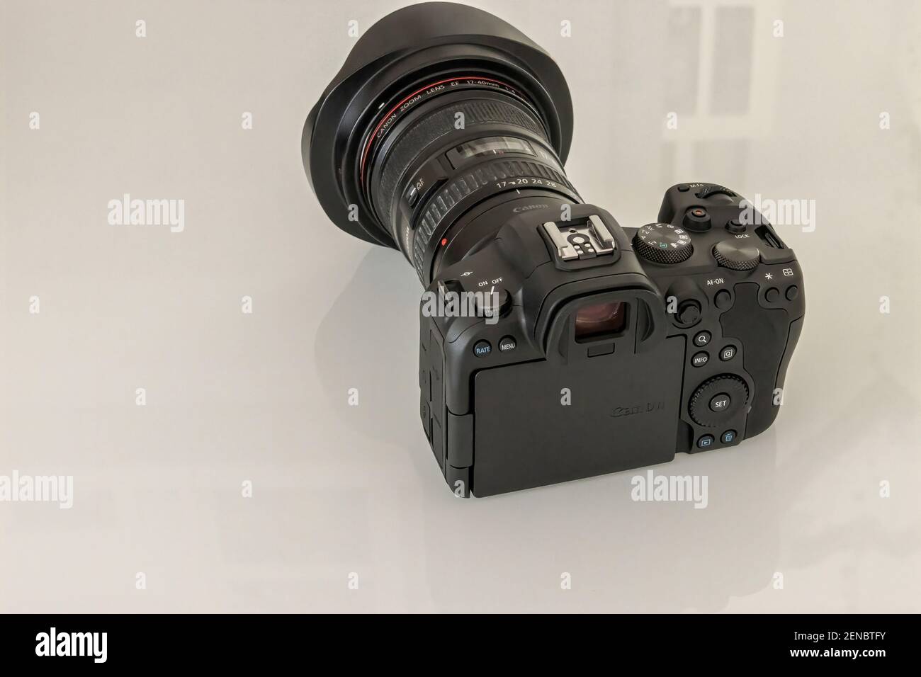 Frankfurt, Germany - 25th February 2021: A german photographer unboxes his new Canon EOS R6 after getting it delivered. Stock Photo