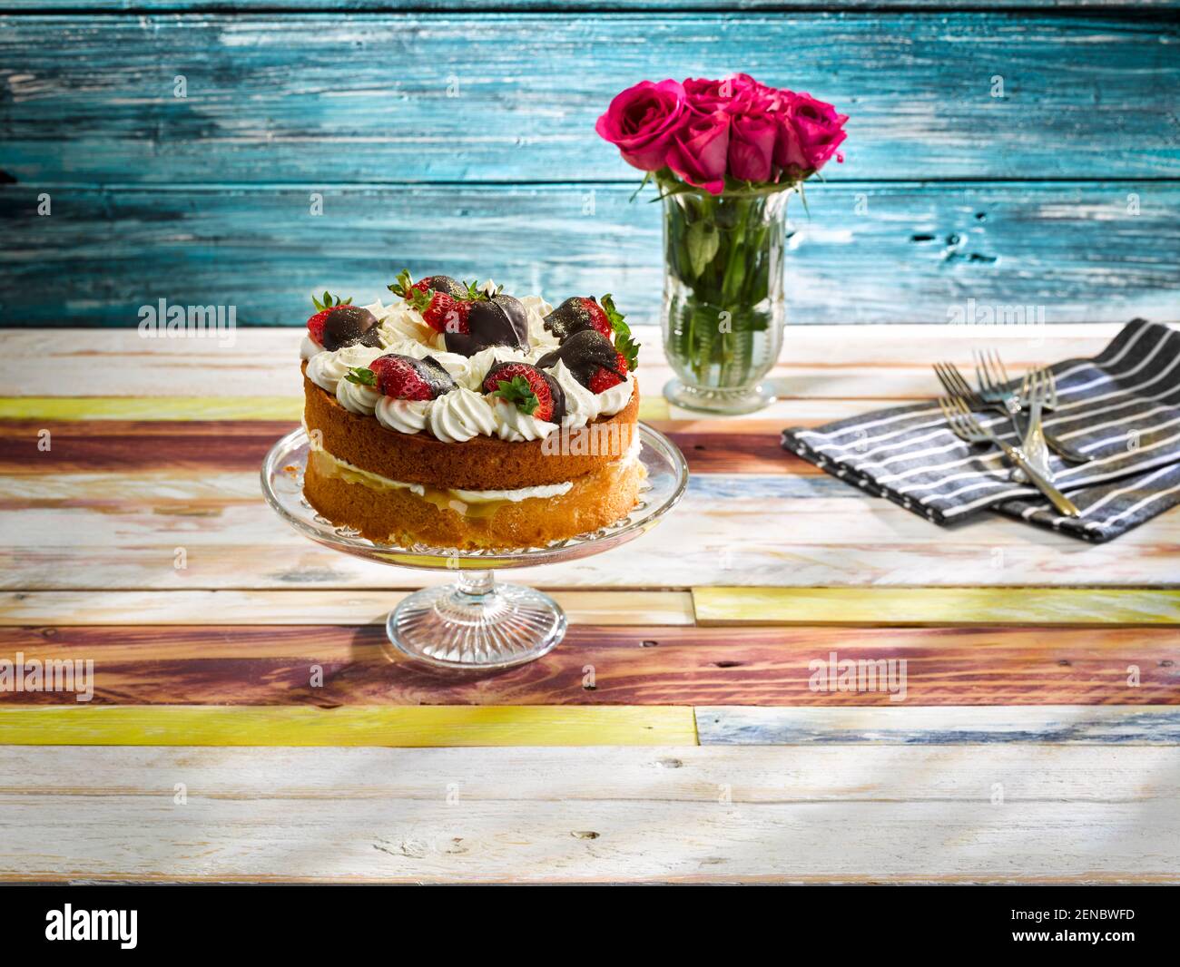 Victoria Sponge Cake with Chocolate Strawberries Stock Photo