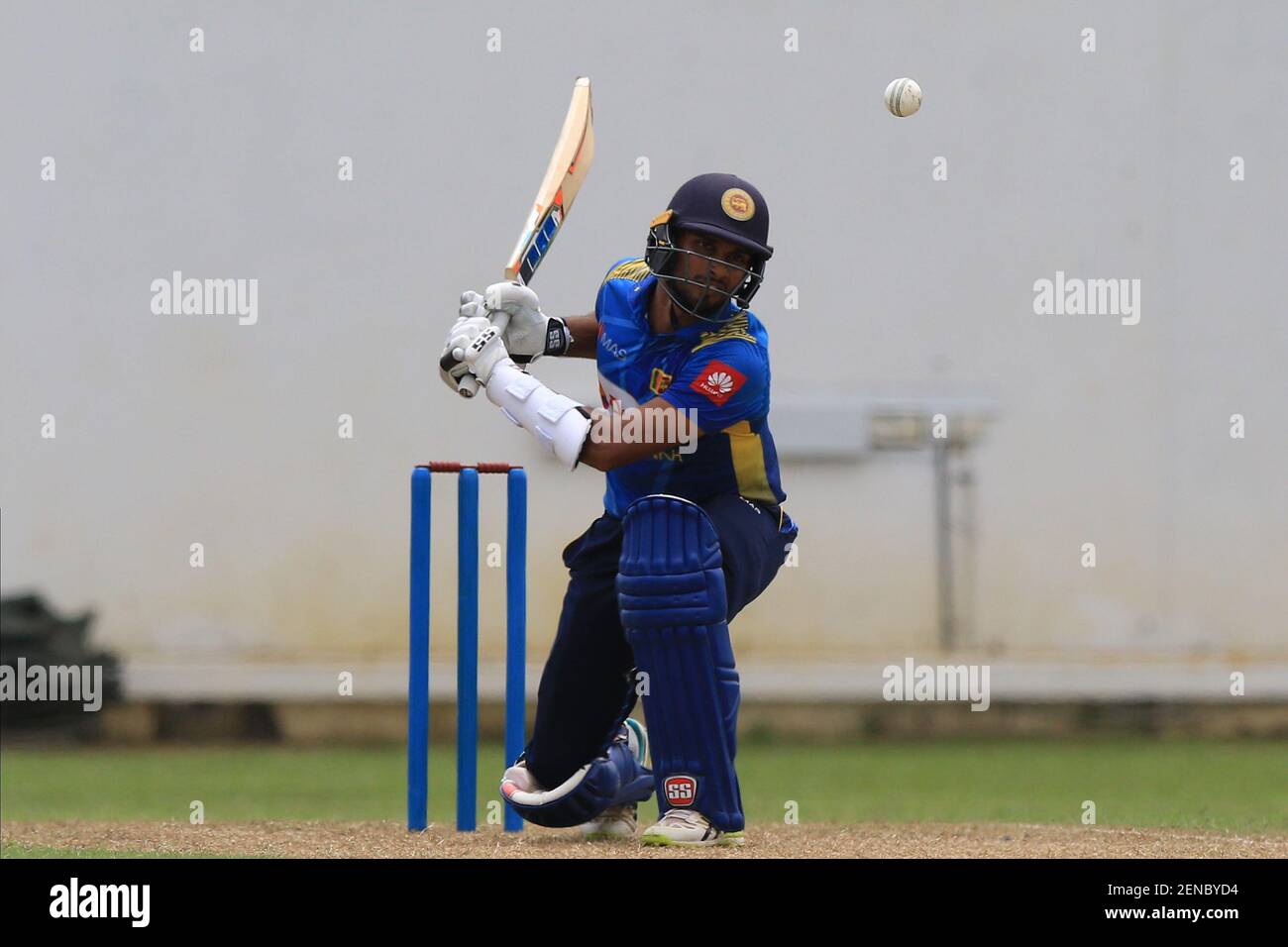 Sri Lankan cricketer Dasun Shanaka watches the ball as he plays a shot during the tour match between Sri Lanka Board President's XI and Bangladesh at P Sara oval international cricket ground, Colombo, Sri Lanka. Tuesday 23 July 2019. (Photo by Invent Pictures/Sipa USA)  Stock Photo