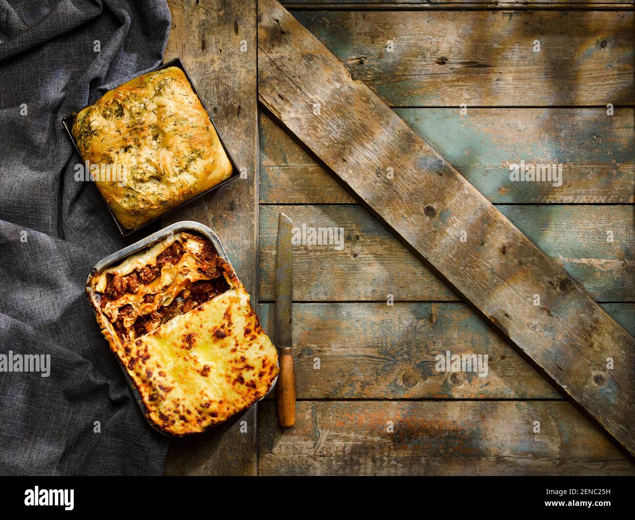 Lasagne Al Forno, Focaccia With Wild Garlic Pesto Stock Photo