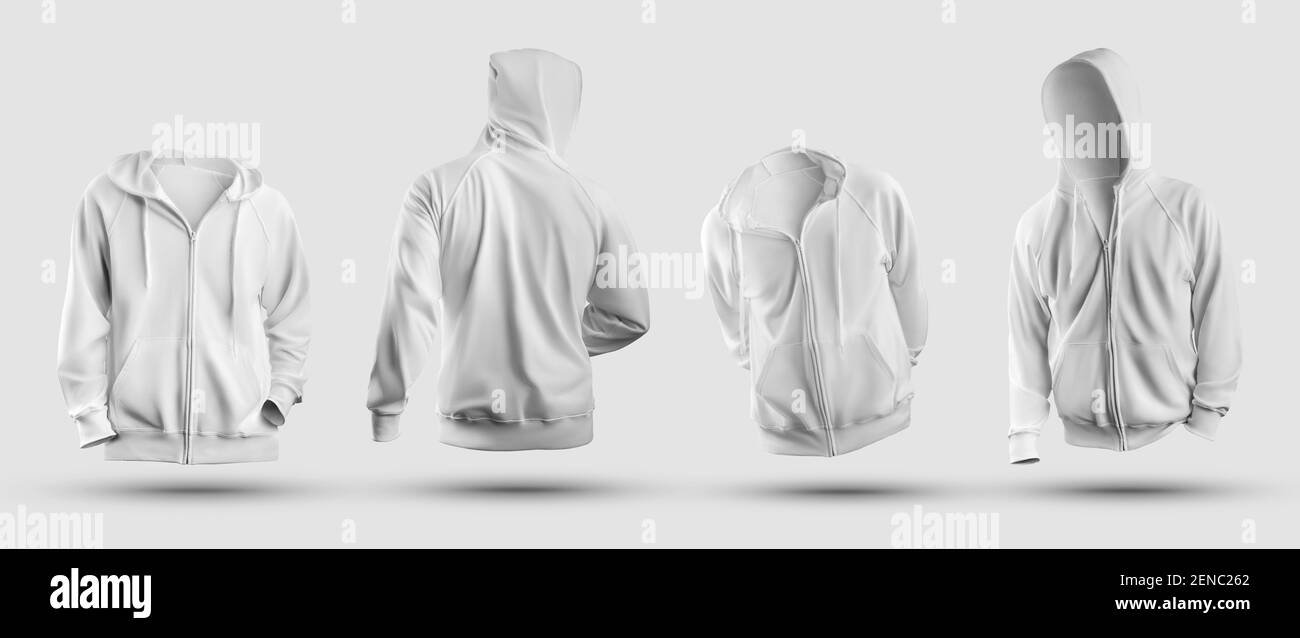 Download 3d Rendering White Hoodie Mockup With Zipper Closure Pocket Front Back View Sweatshirt Isolated On Background Fashion Menswear Template For Desi Stock Photo Alamy