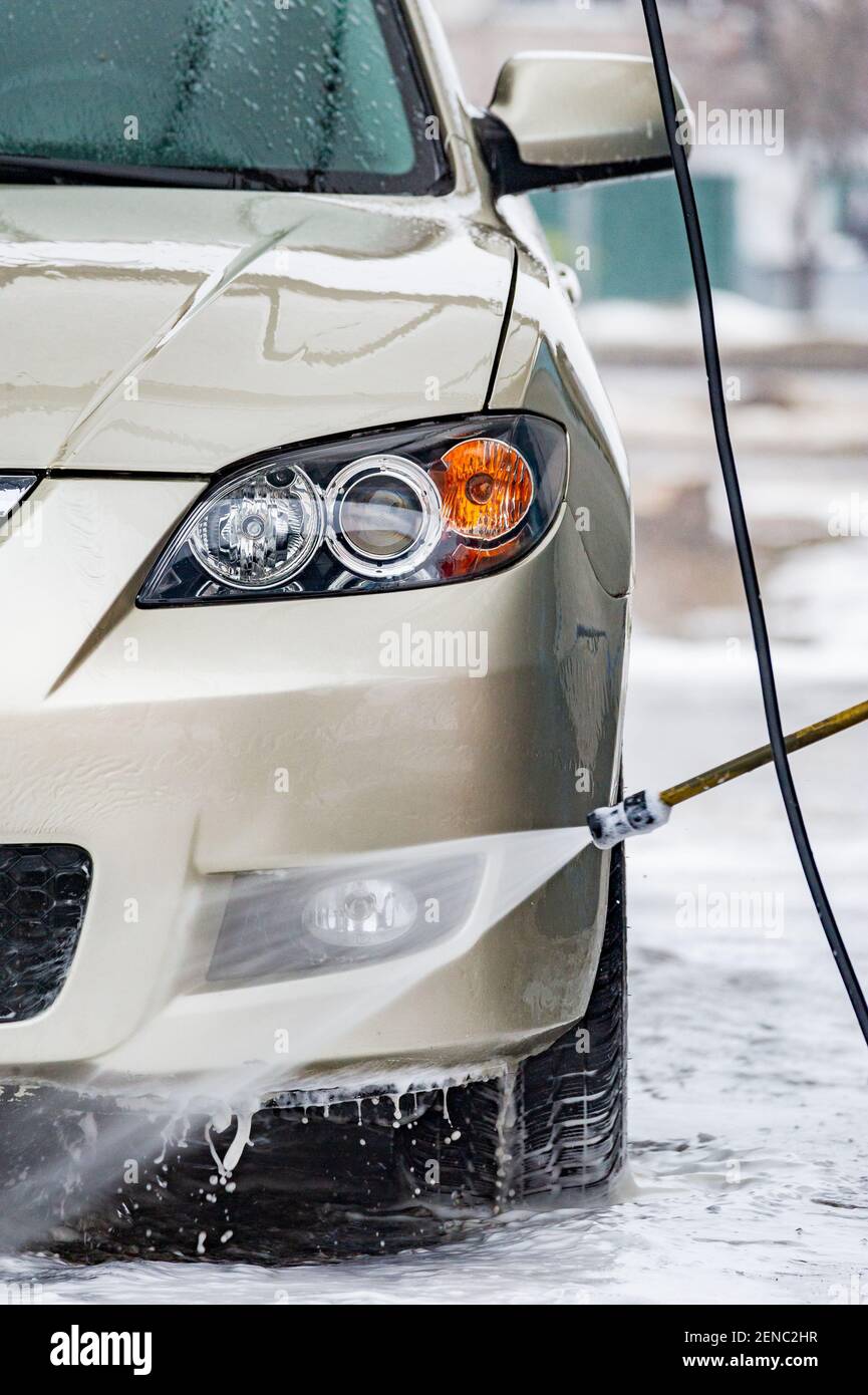 car wash with water and foam cleaning. auto, service vehicle industry wash auto, service Stock
