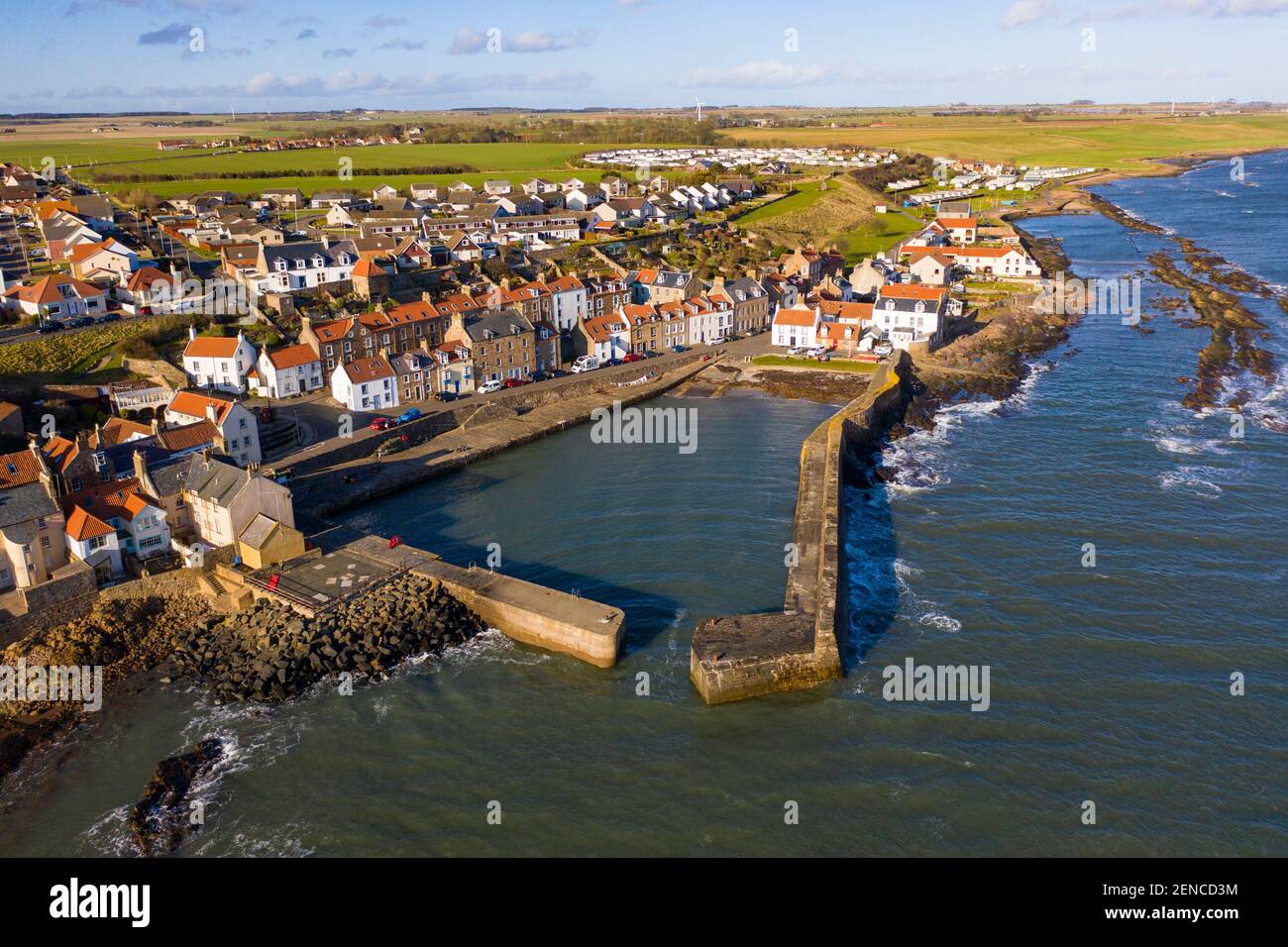 Aerial view of historic village and harbour of Cellardyke  in East Neuk of Fife, Scotland UK Stock Photo