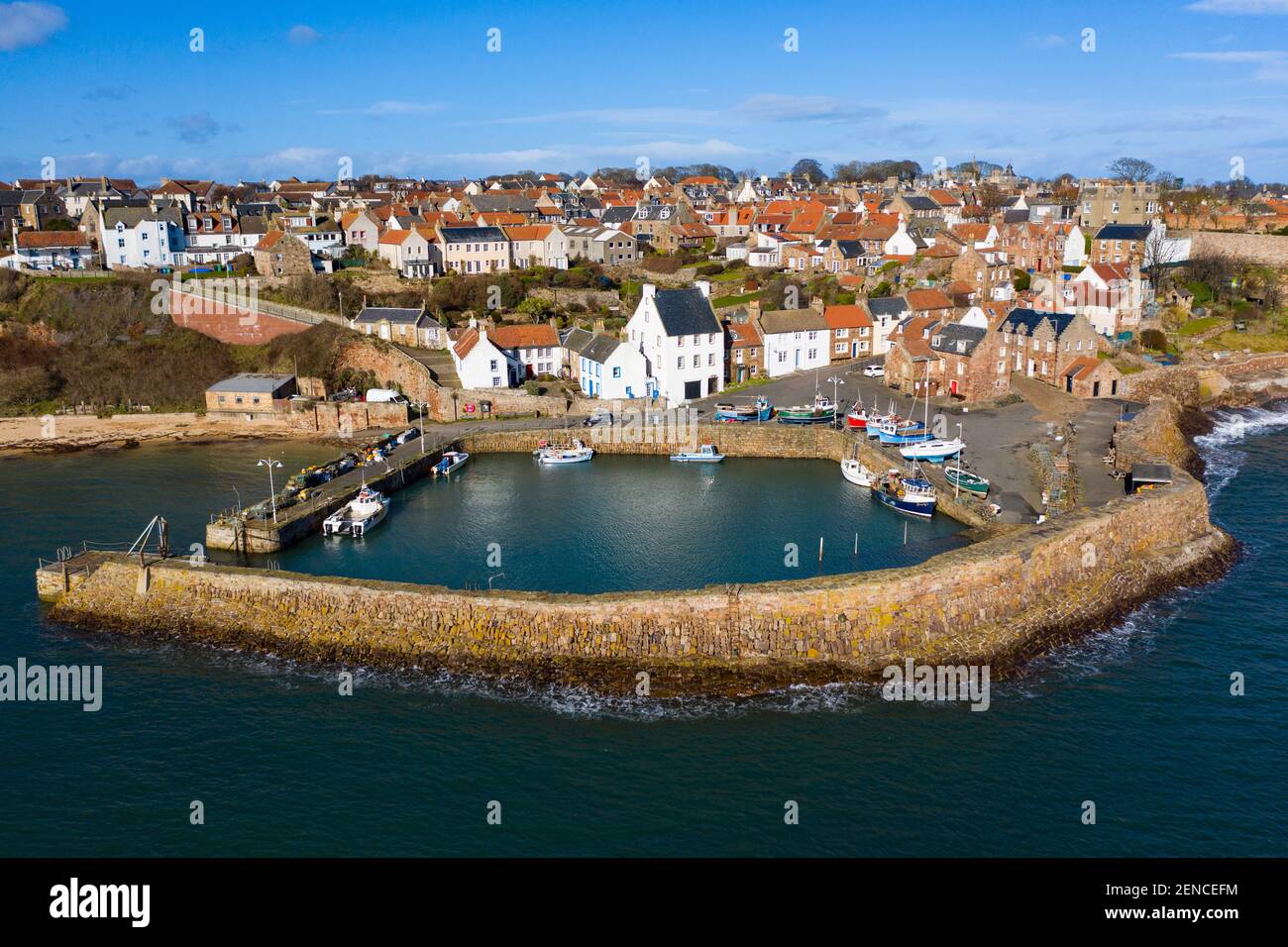 Aerial view of historic village and harbour of Crail in East Neuk of Fife, Scotland UK Stock Photo