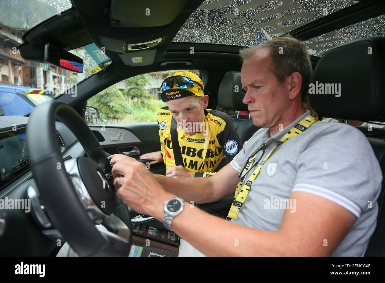 Tignes - 26-07-2019, cycling, Stage 19, etappe 19, Saint Jean de Maurienne  - Tignes, 19e stage to Tignes cancelled due to bad weather conditions.  Steven Kruiswijk sits dry in the team car