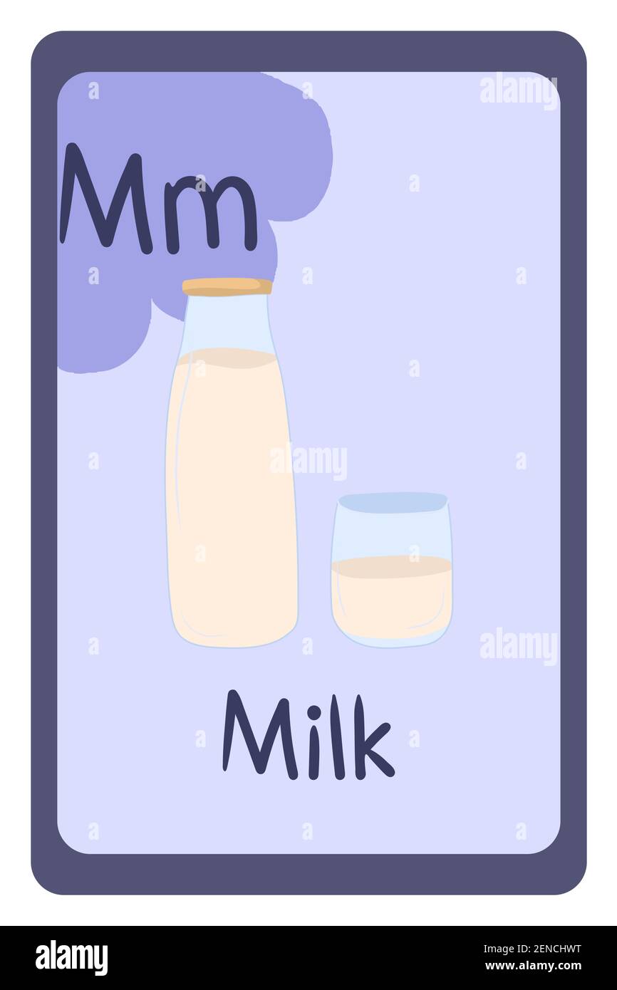 Colorful abc education flash card, Letter M - milk in bottle and glass.  Alphabet vector illustration with food, fruits and vegetable. School,  study, learning concept Stock Vector Image & Art - Alamy