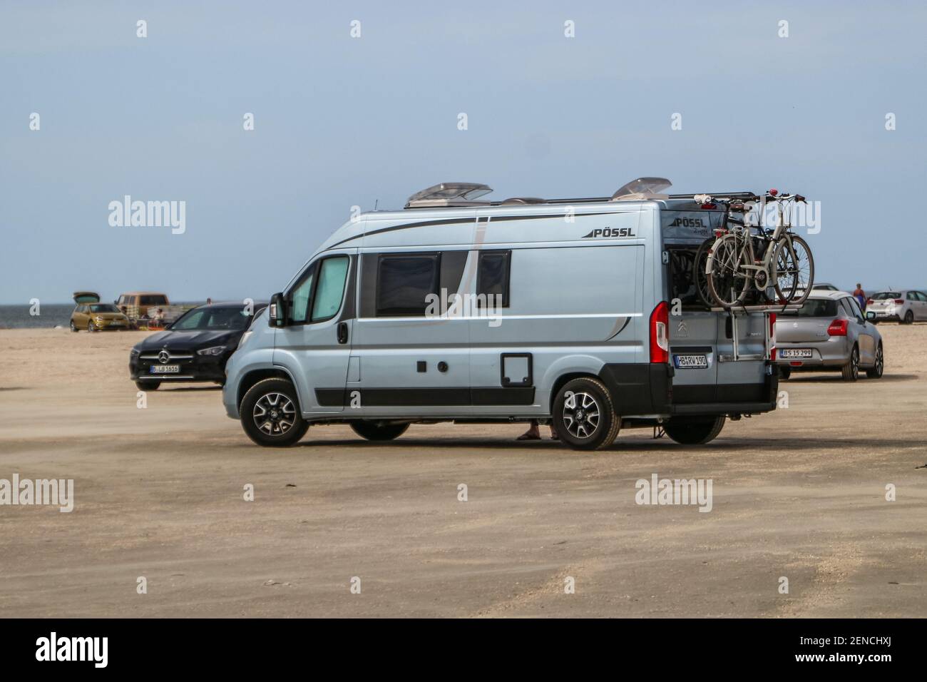 Romo Island, Denmark. 26th, July 2019 Campers, camper vans, RV's,motorhomes,  caravans and cars are seen standing and driving on huge sandy car beach on  the Romo Island (Jutland) (Photo by Vadim Pacajev /