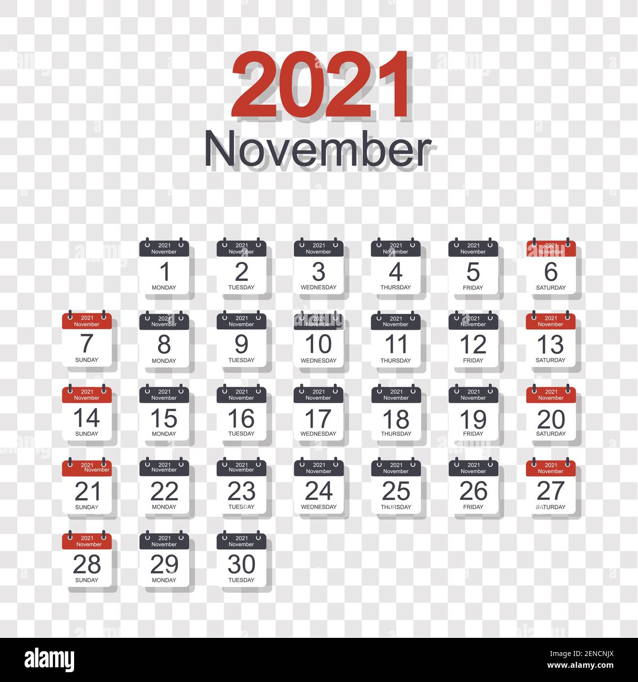 Monthly calendar template for November 2021 with daily date. On transparent background. Week