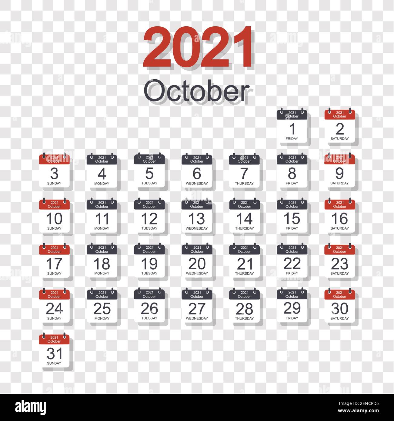 Monthly calendar template for October 2021 with daily date. On transparent background. Week starts on Sunday. Flat style. Vector illustration. Stock Vector