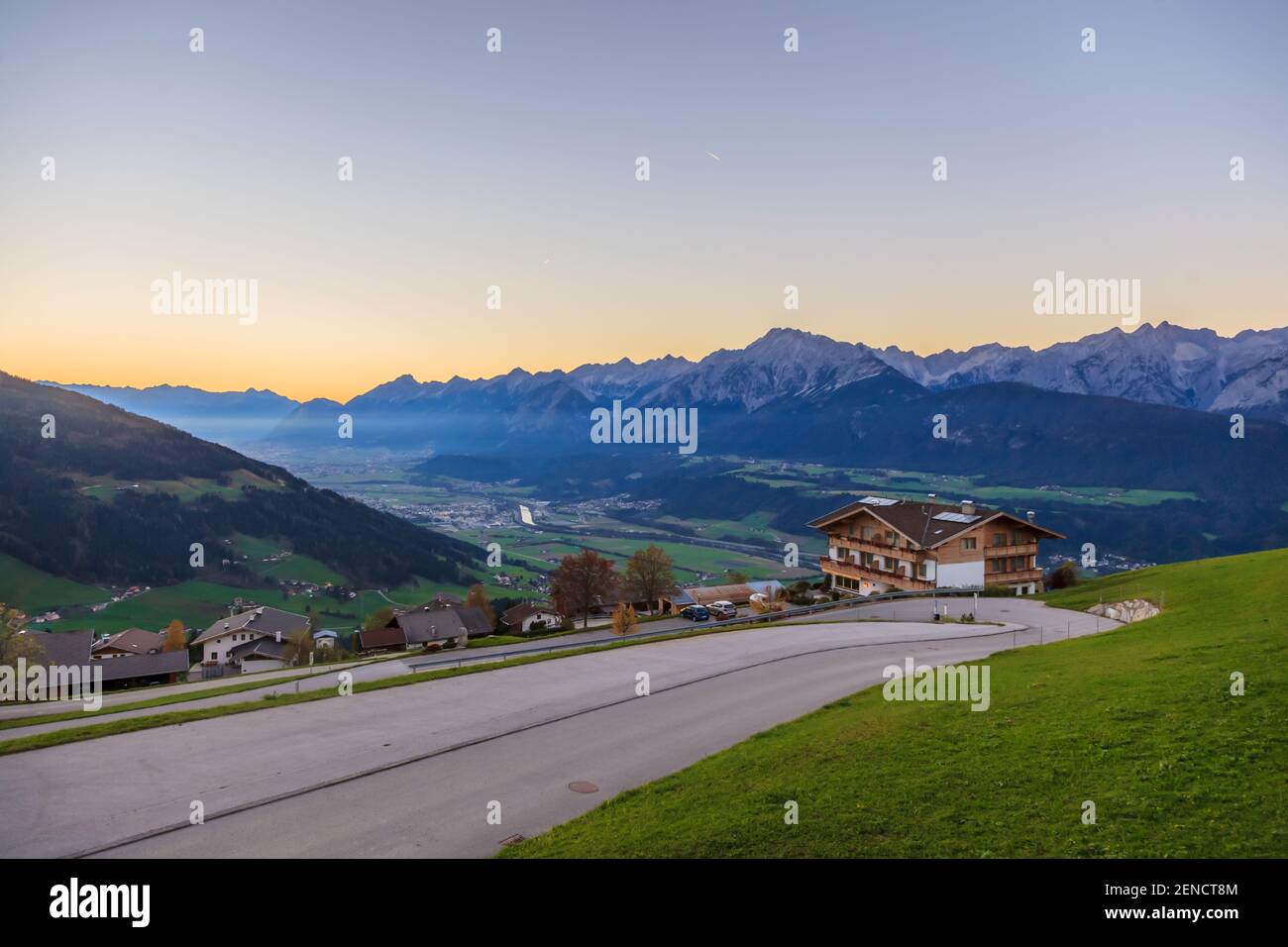 Photo of the village of Weerberg in Tyrol with the Inn Valley and the Karwendel Mountains in the background Stock Photo