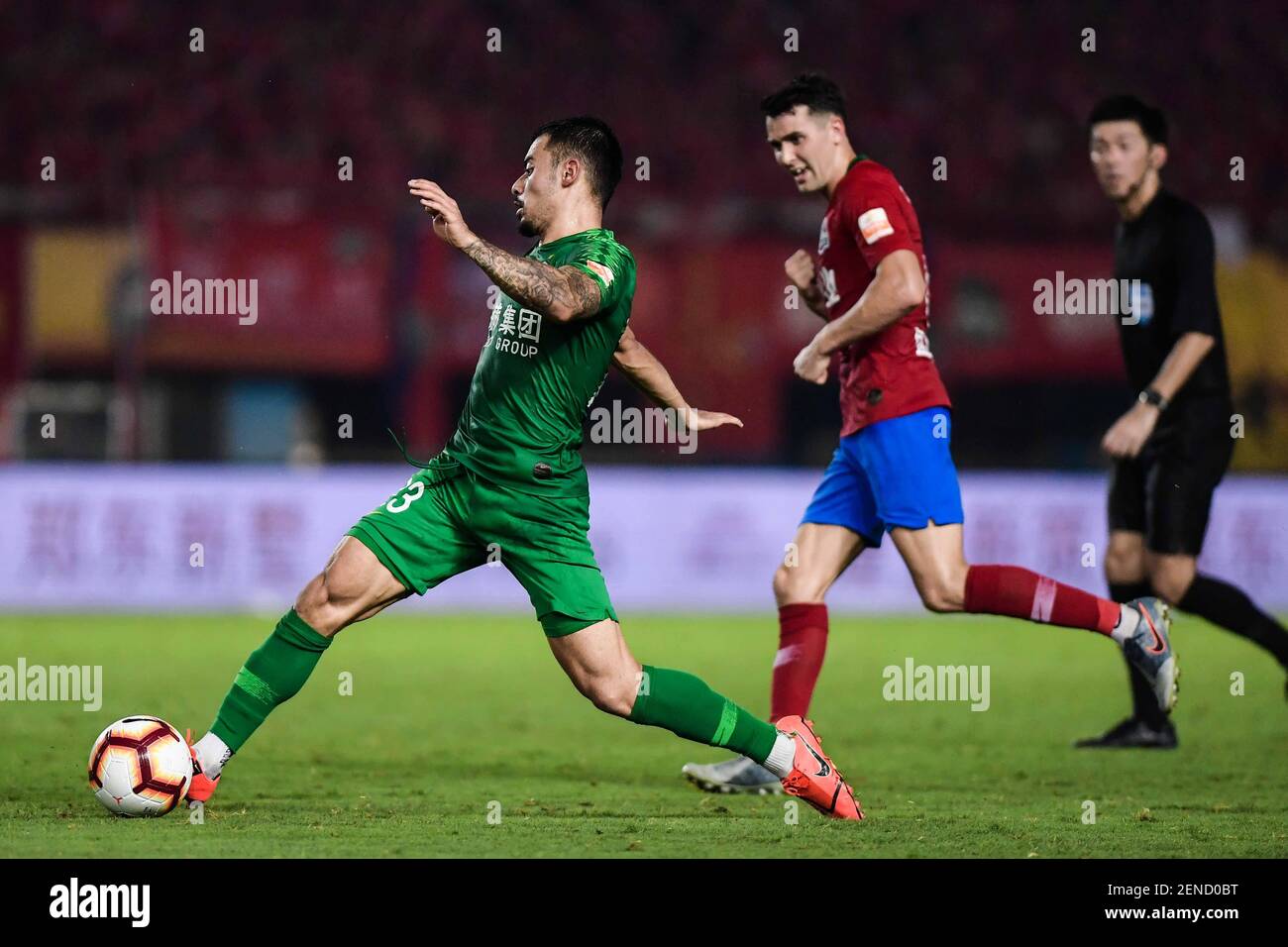 English football player Nico Yennaris, known in China as Li Ke, of Beijing Sinobo Guoan dribbles against Henan Jianye in their 20th round match during the 2019 Chinese Football Association Super League (CSL) in Zhengzhou city, central China's Henan province, 27 July 2019. Henan Jianye defeated Beijing Sinobo Guoan 1-0. (Photo by Stringer - Imaginechina/Sipa USA) Stock Photo
