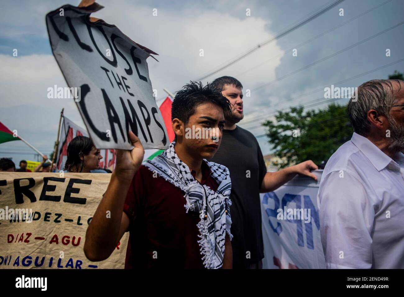 Protestors march down Vermont Route 2A in Williston, Vermont, against U.S. Immigration and Customs Enforcement to begin on Sunday, July 28, 2019. Bur072819iceprotest7 (Photo by SAWYER LOFTUS/FREE PRESS via Imagn Content Services, LLC/USA Today Network/Sipa USA) Stock Photo