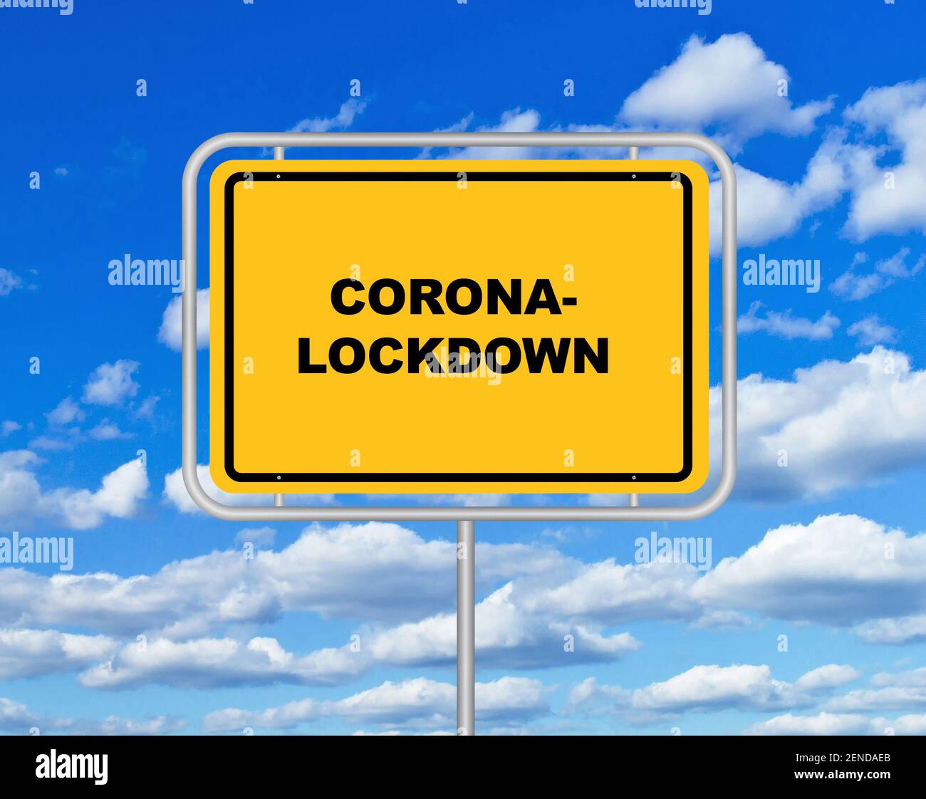 Ortsschild, Aufschrift, Cornona-Lockdown, Seuche, Ansteckung, Ausgangssperre, Pandemie, Krise, Virus, Stock Photo