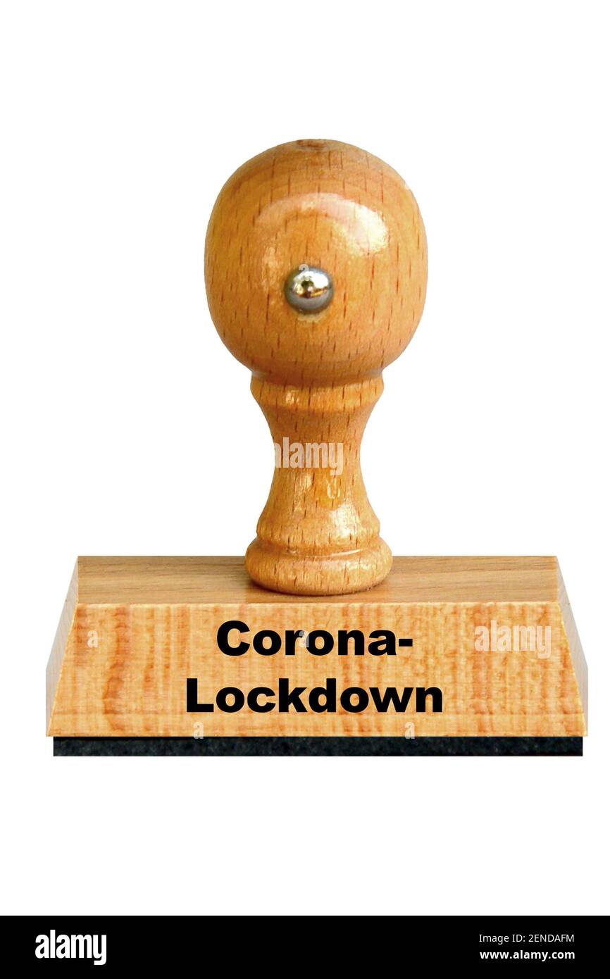 Stempel, Holzstempel, Aufschrift, Cornona-Lockdown, Seuche, Ansteckung, Ausgangssperre, Pandemie, Krise, Virus, Stock Photo