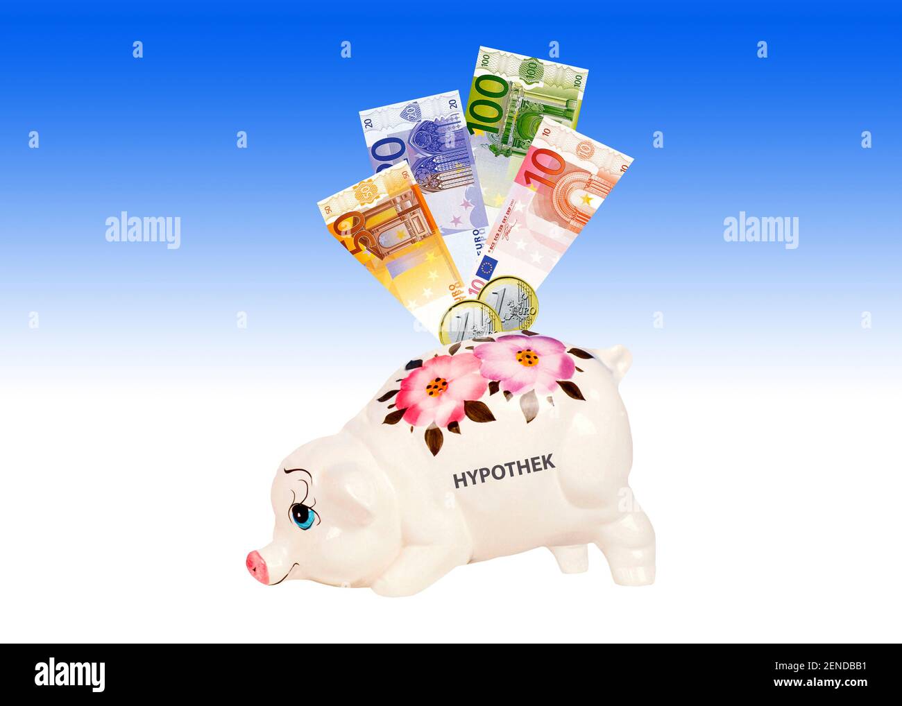 Sparschwein mit Euro Banknoten und Münzen, Sparen für die Hypothek, Stock Photo