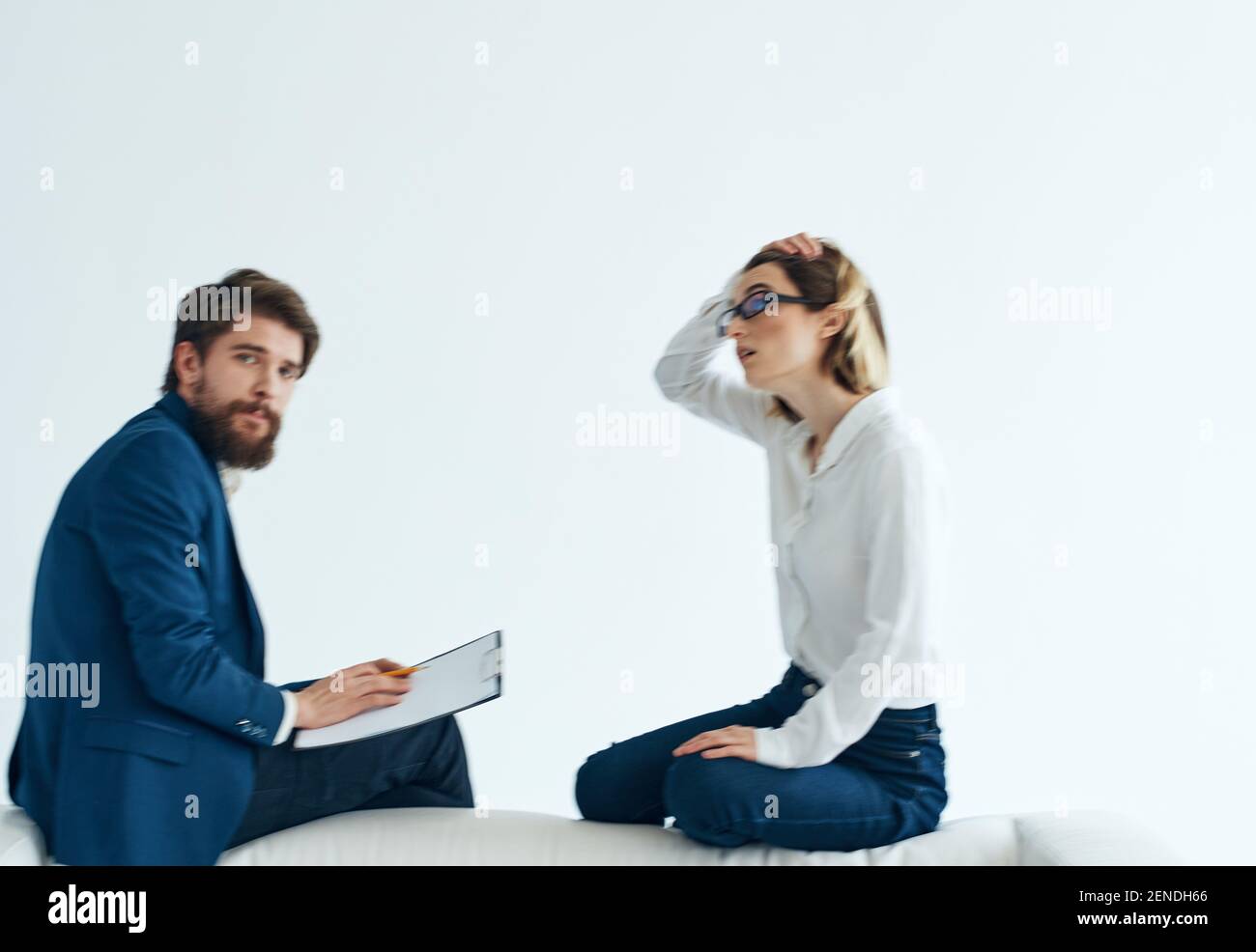 Emotional woman or man with communication model psychology documents ...