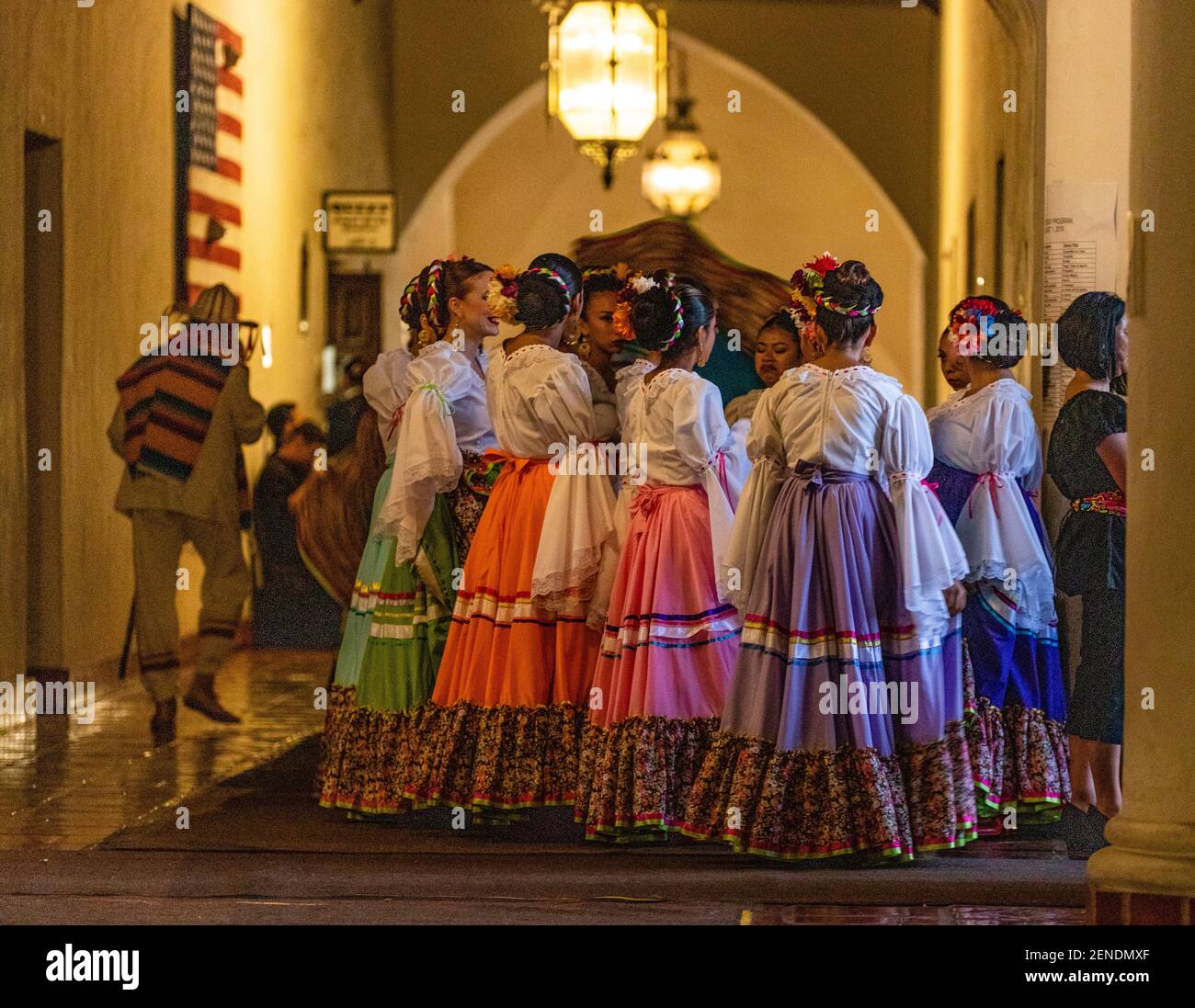 August 1, 2019 - Santa Barbara, CA: Alma de Mexico prepares to perform on  the Sunken Garden Stage. The Santa Barbara Old Spanish Days Fiesta  celebrates Las Noches de Ronda, “Nights of