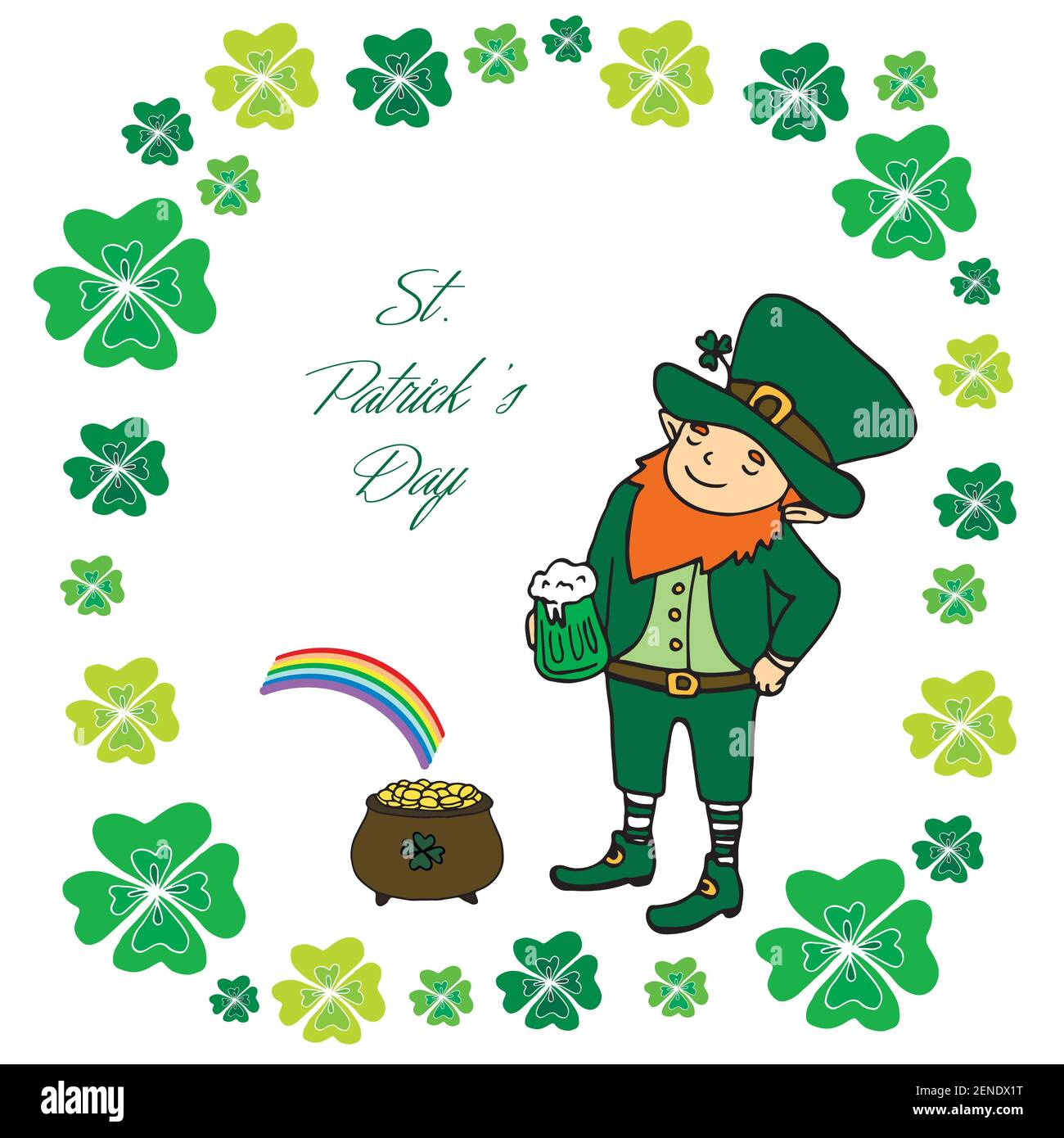 Funny little leprechaun with a mug of green beer, a pot of gold and a rainbow in the frame of the leaves of the clover.St. Patrick s Day.Vintage decor Stock Vector