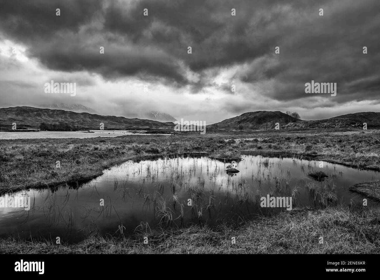 Epic  black and white landscape image of Loch Ba on Rannoch Moor in Scottish Highlands on a Winter morning Stock Photo
