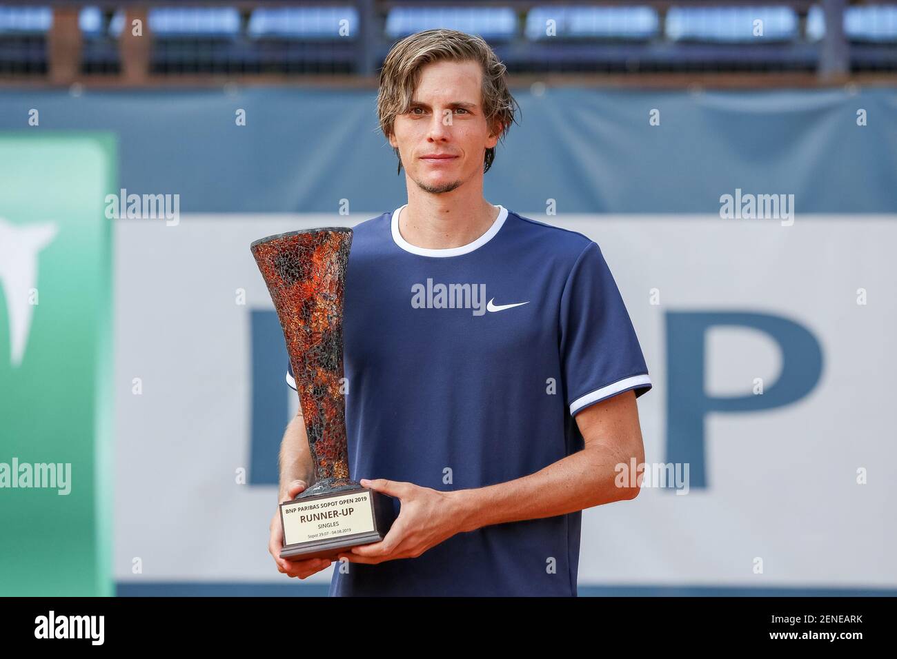 Filip Horansky (SVK) seen posing with his trophy after the final match between Stefano Travaglia (ITA) and Filip Horansky (SVK) at the Tennis ATP Challenger BNP Paribas Sopot Open
