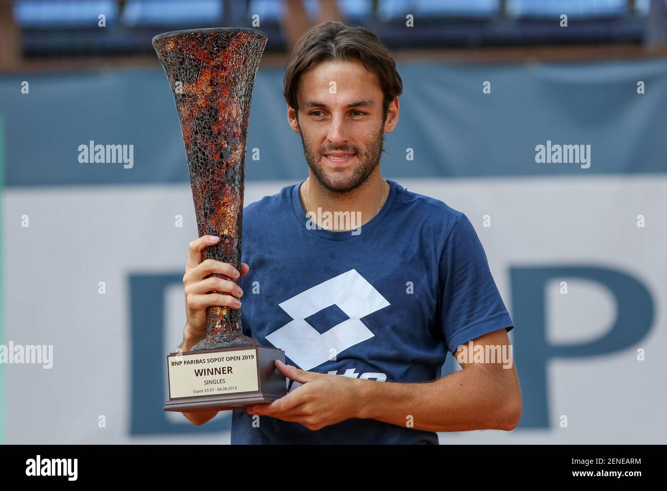 Stefano Travaglia (ITA) seen posing with trophy after the final match between Stefano Travaglia (ITA) and Filip Horansky (SVK) at Tennis ATP Challenger BNP Paribas Sopot Open