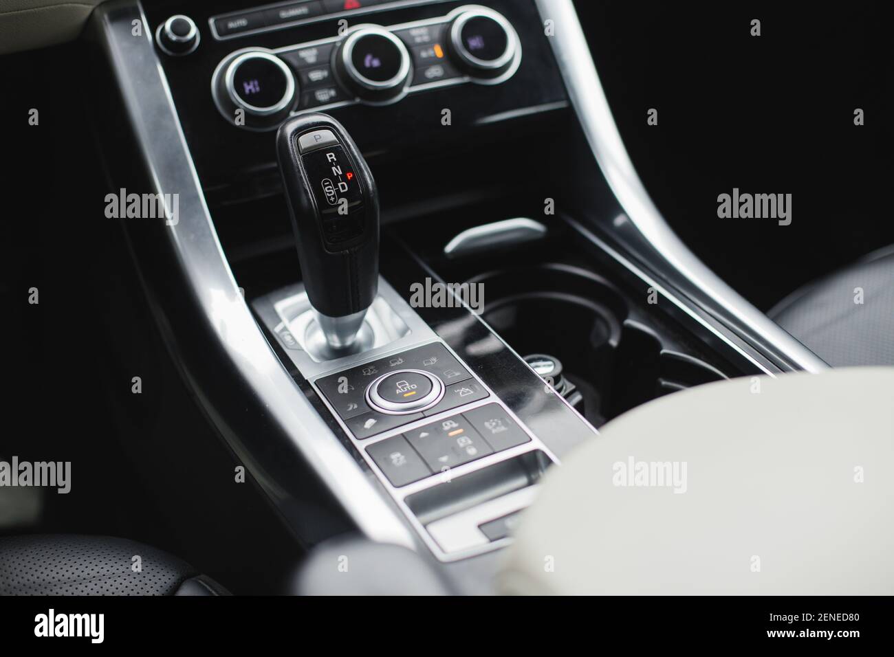 manual gearbox in car, test drive of new automobile, closeup Stock Photo