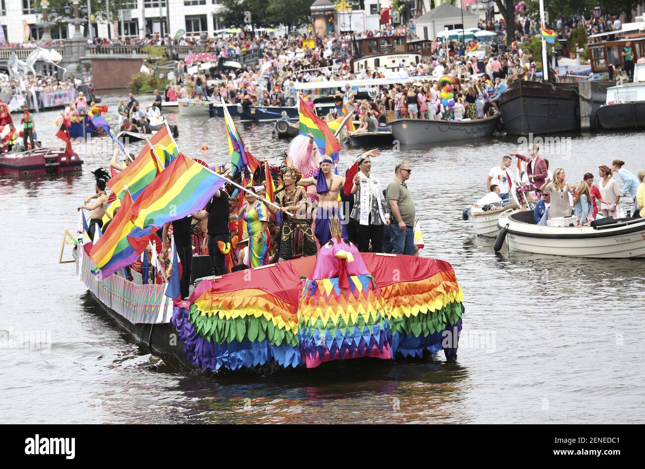 People participate in the Amsterdam Canal Parade during Amsterdam Gay Pride 2019 in Amsterdam, The Netherlands on August 5, 2019. (Photo by PPE/Beijersbergen/Sipa USA) Stock Photo