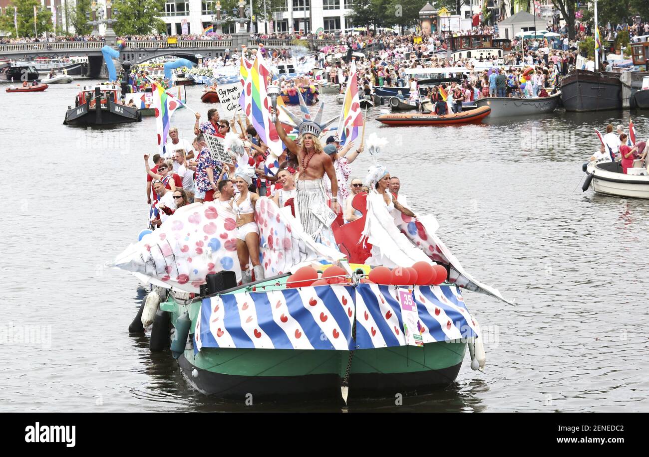 People participate in the Amsterdam Canal Parade during Amsterdam Gay Pride 2019 in Amsterdam, The Netherlands on August 5, 2019. (Photo by PPE/Beijersbergen/Sipa USA) Stock Photo
